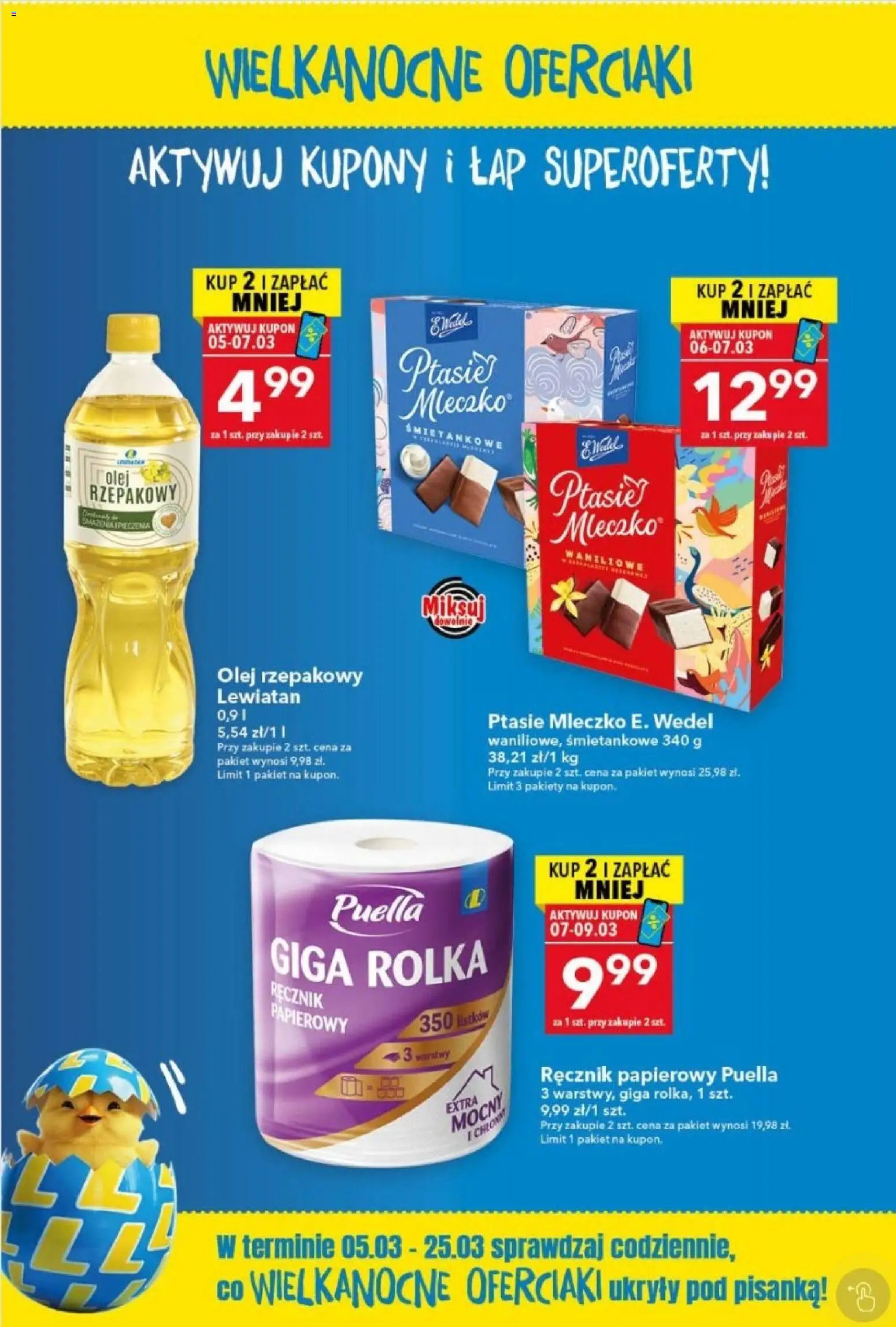 Lewiatan gazetka - Wielkanocne Oferciaki od 05.03.2026 | Strona: 1 | Produkty: Olej rzepakowy, Ptasie mleczko, Olej, Ręcznik papierowy