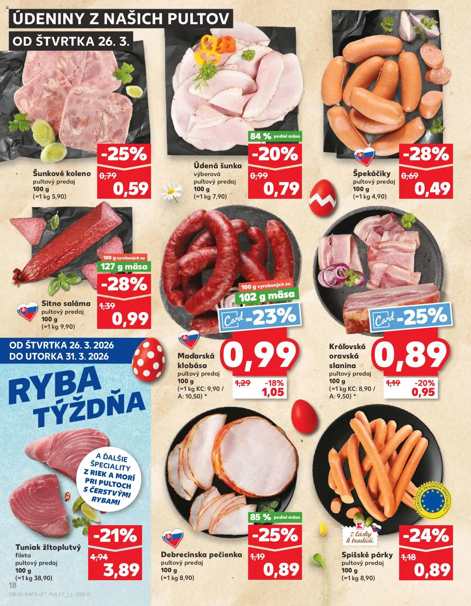 Nové Kaufland akcie – leták je platný od 26.03.2026 | Strana: 18 | Produkty: Šunka, Klobása, Ryba, Párky
