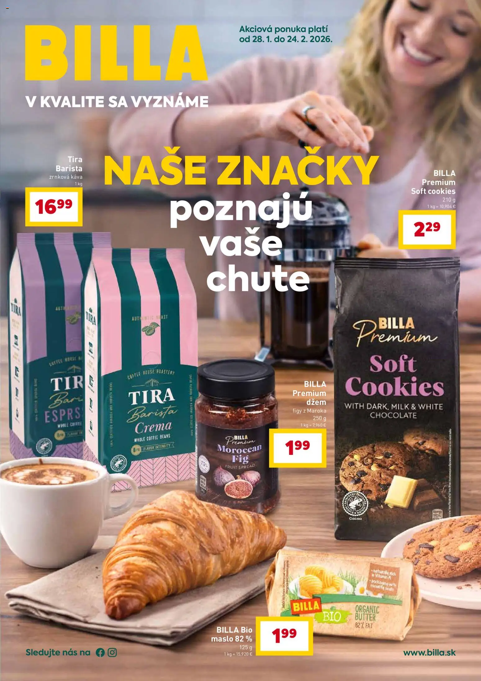 Nové Billa akcie – leták je platný od 28.01.2026 | Strana: 1 | Produkty: Maslo, Káva, Barista, Zrnková káva