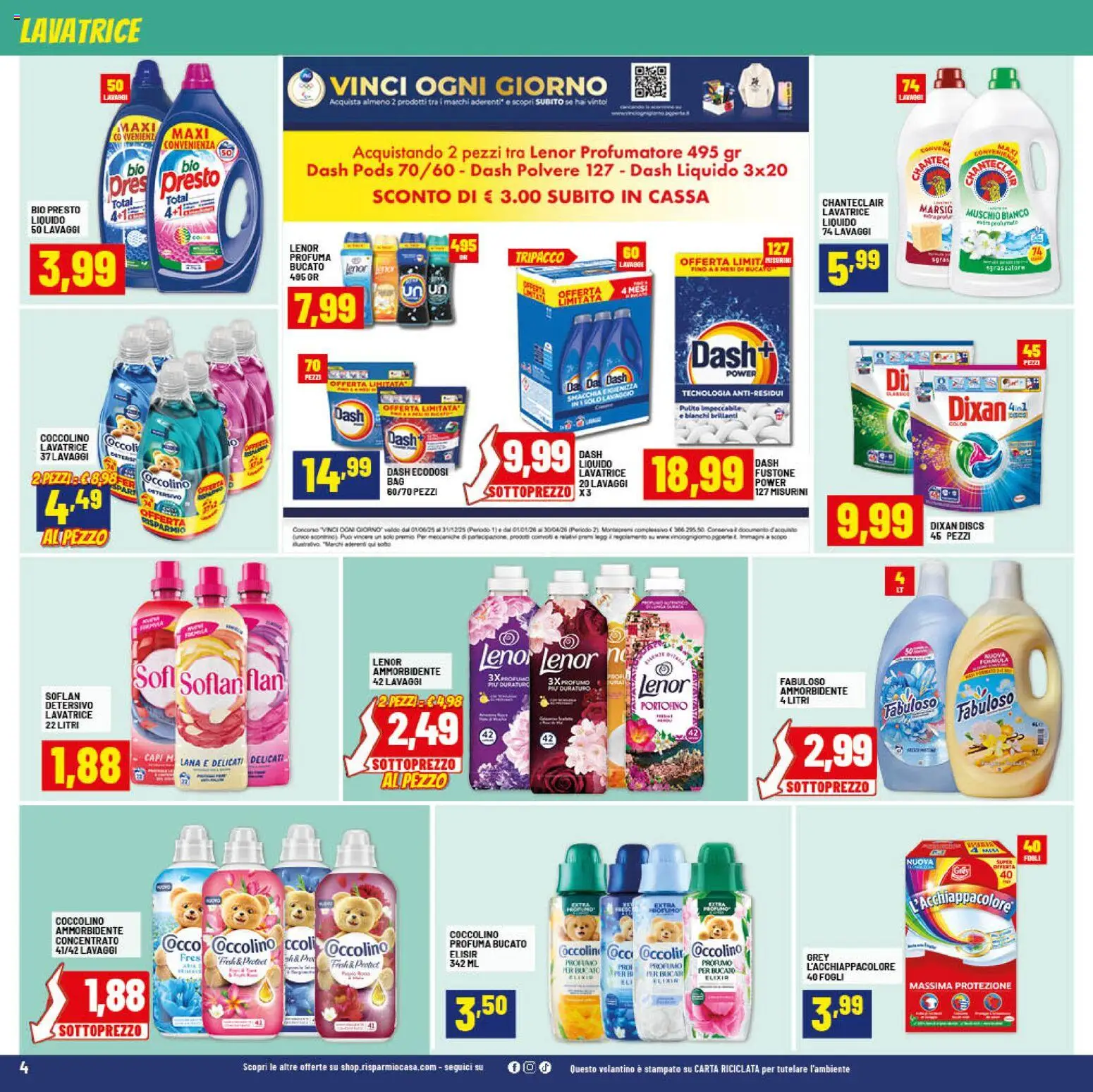 Volantino RisparmioCasa del 24.01.2026 | Pagina: 4 | Prodotti: Ammorbidente, Lavatrice, Cocco, Profumo