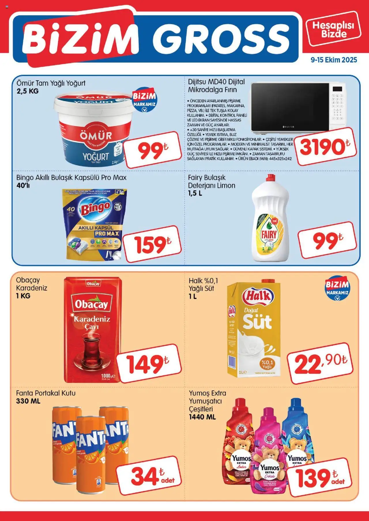 Bizim Toptan - Bizim Gross Fırsat Bülteni - 09.10.2025 tarihinden itibaren geçerlidir | Sayfa: 1 | Ürünler: Süt, Yumuşatıcı, Çay, Mikrodalga fırın