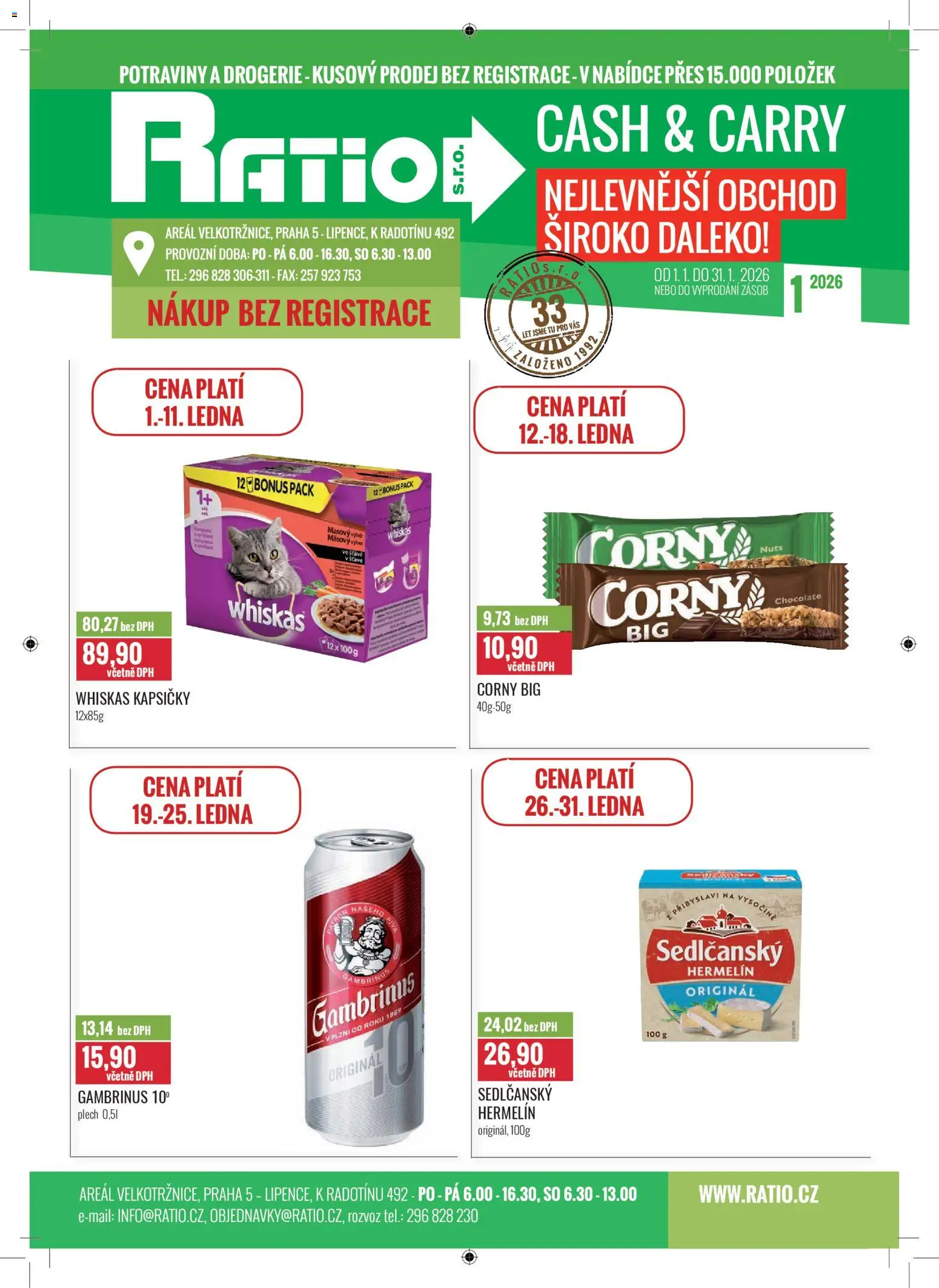 Ratio leták od 01.01.2026 | Strana: 1 | Produkty: Sedlčanský Hermelín, Hermelín, Potraviny, Gambrinus