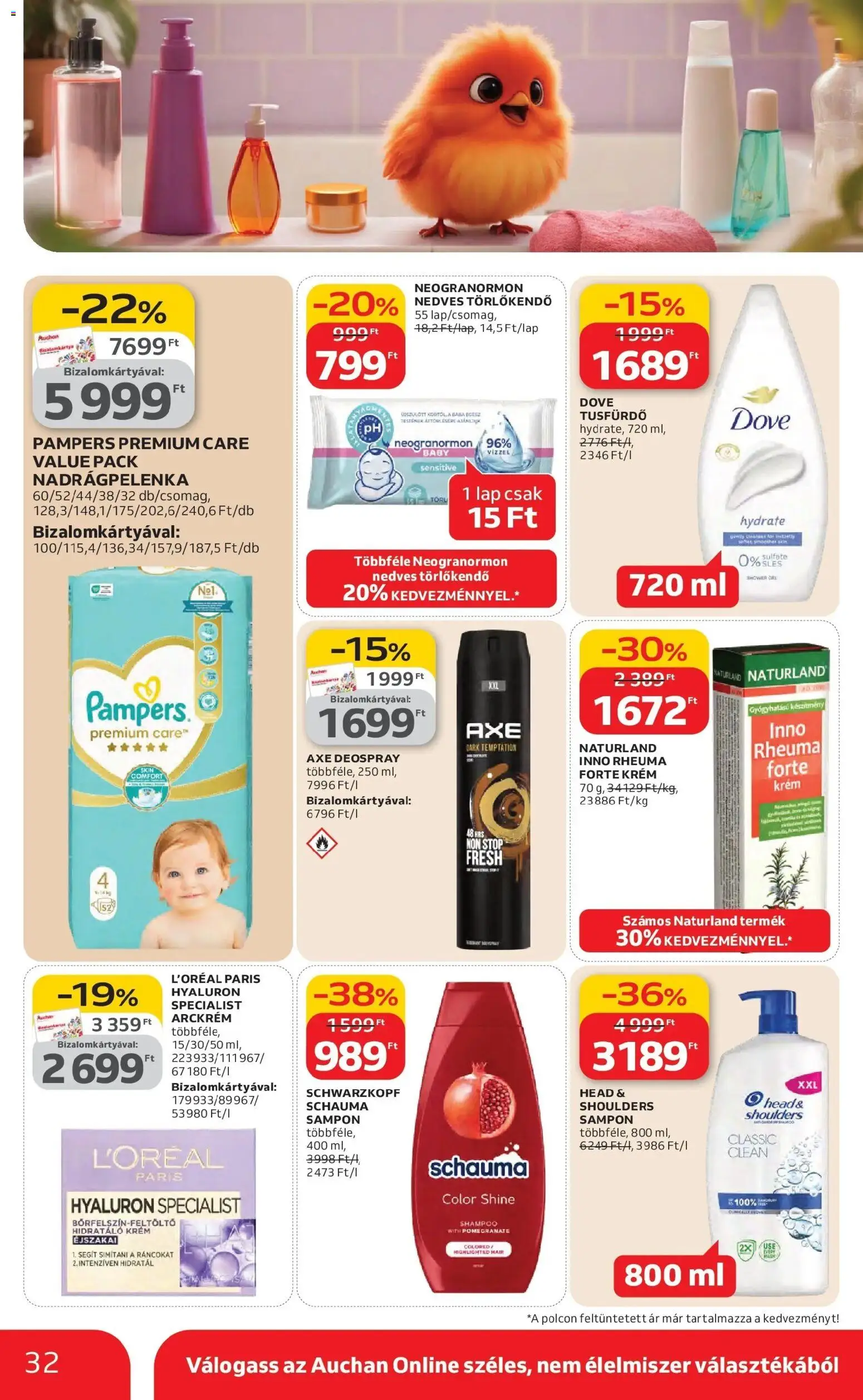 Auchan akciós ujság - amely érvényes a következő dátumtól: 26.02.2026 | Oldal: 32 | Termékek: Pampers, Törlőkendő, Nedves törlőkendő, Tusfürdő