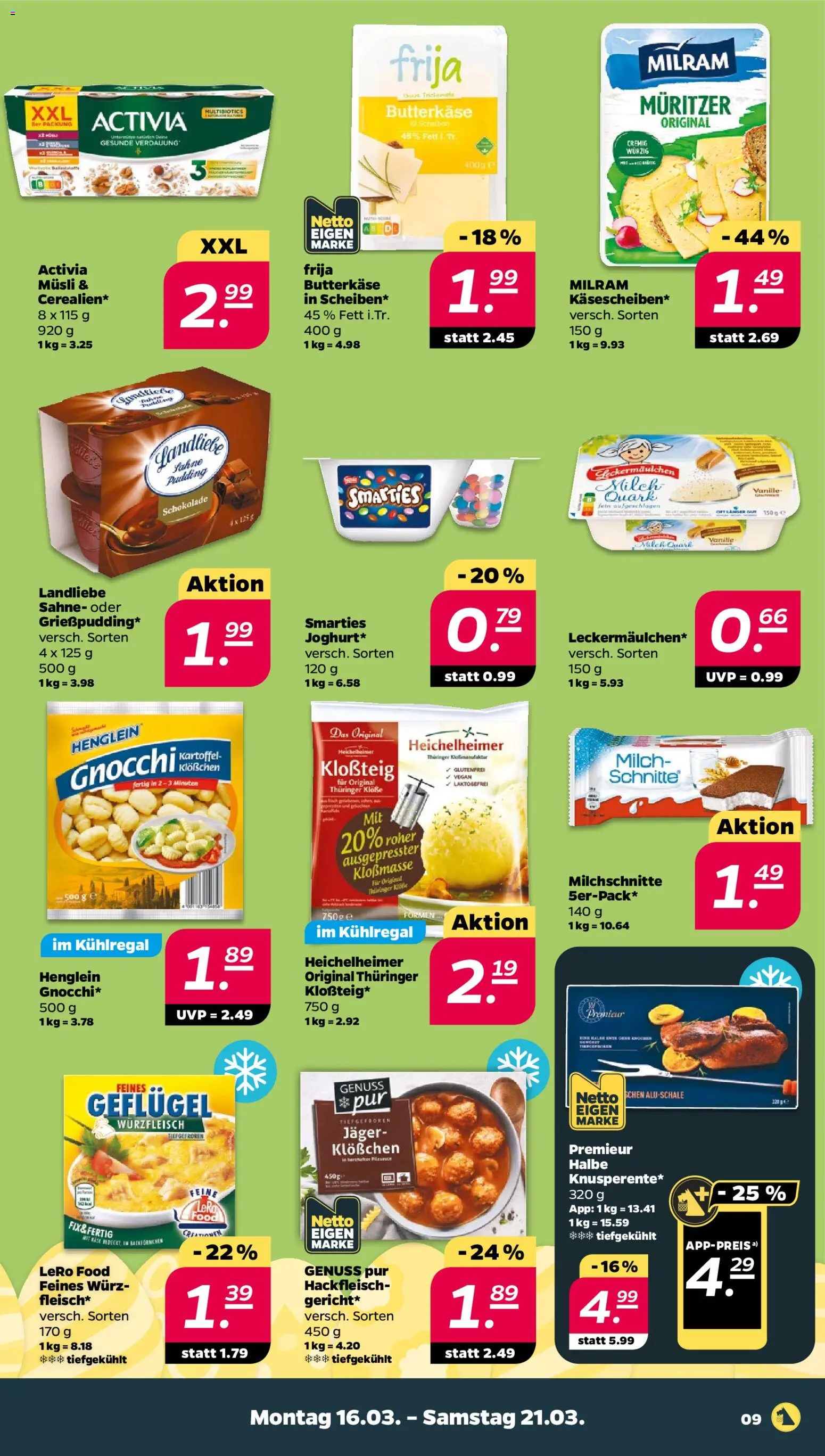 Netto Prospekt 	 – gültig ab 16.03.2026 | Seite: 9 | Produkte: Activia, Smarties, Sahne, Hackfleisch