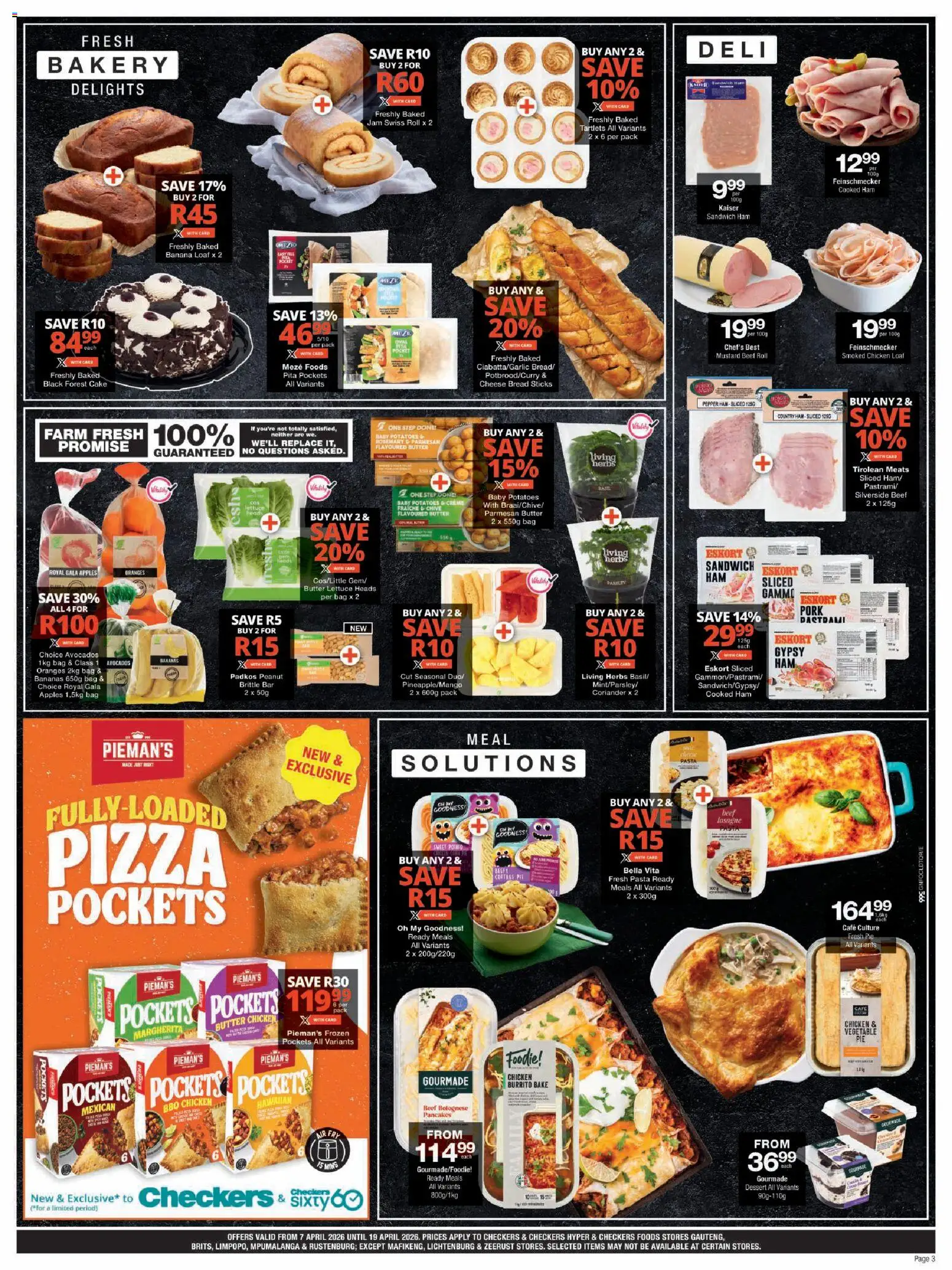 New Checkers catalogue – valid from 07.04.2026 | Page: 3 | Products: Bakery, Pizza, Bananas, Pasta