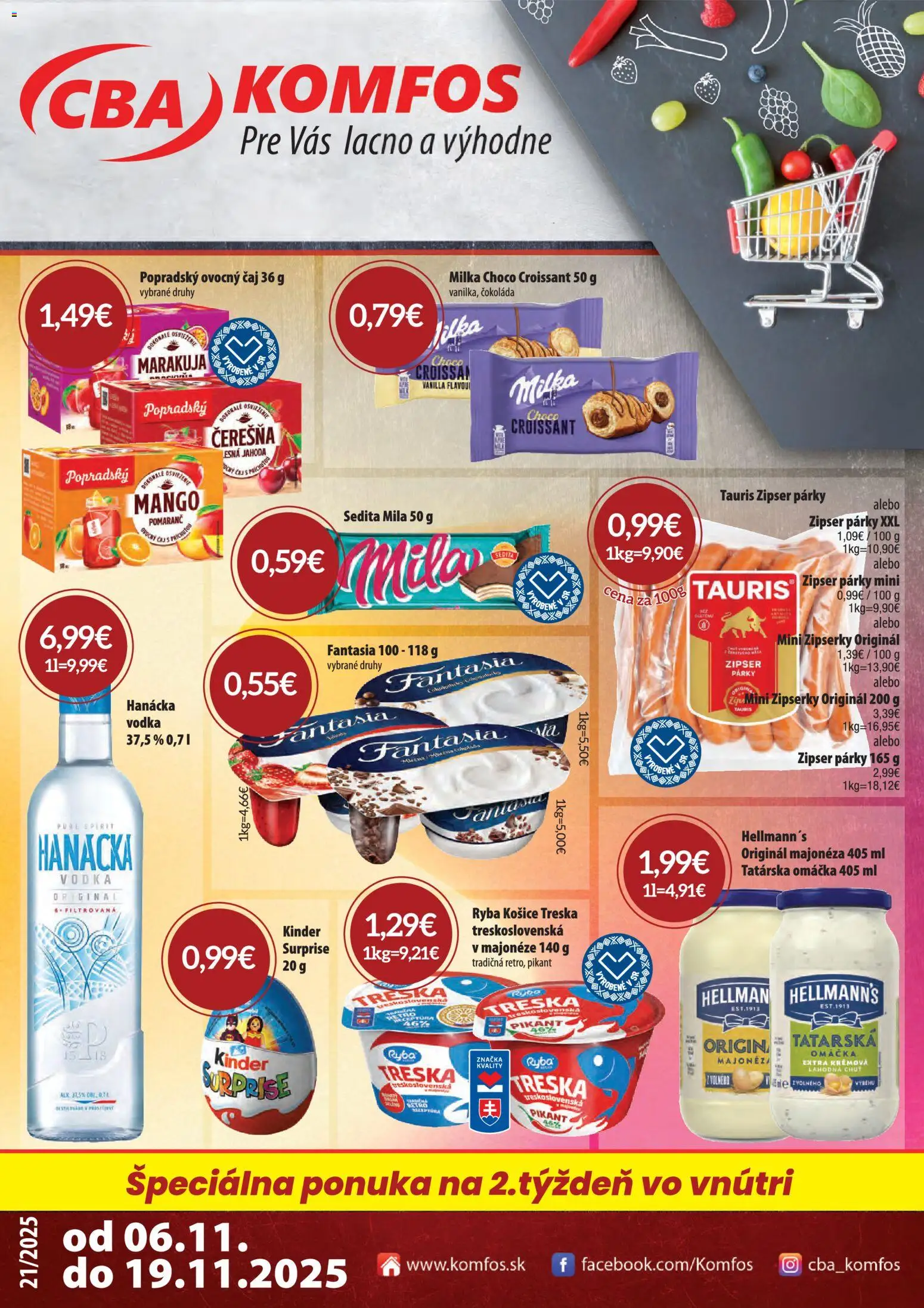 Nové CBA Komfos akcie – leták je platný od 06.11.2025 | Strana: 1 | Produkty: Čaj, Mila, Omáčka, Mango