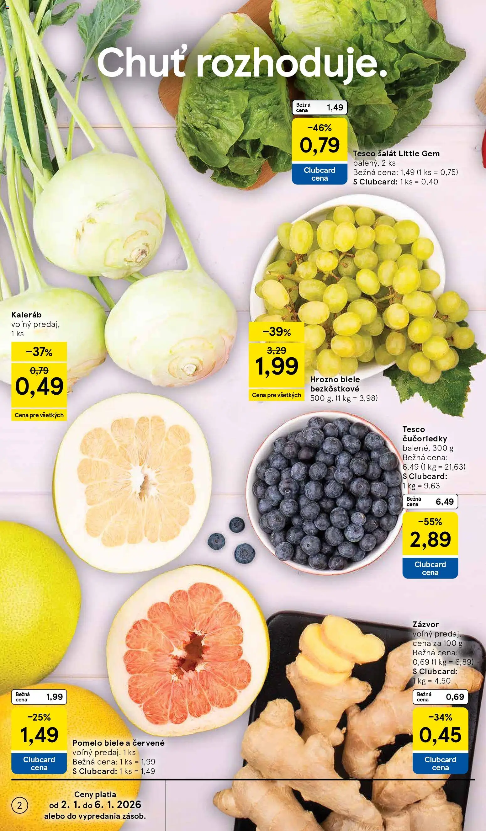 Nové Tesco akcie – leták je platný od 02.01.2026 | Strana: 2 | Produkty: Zázvor, Čučoriedky, Šalát, Hrozno