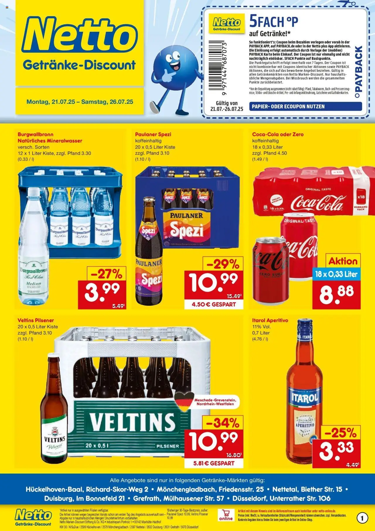 Netto Marken-Discount prospekt Mönchengladbach	 - gültig ab dem 21.07.2025 | Seite: 1 | Produkte: Paulaner spezi, Mineralwasser, Paulaner, Veltins