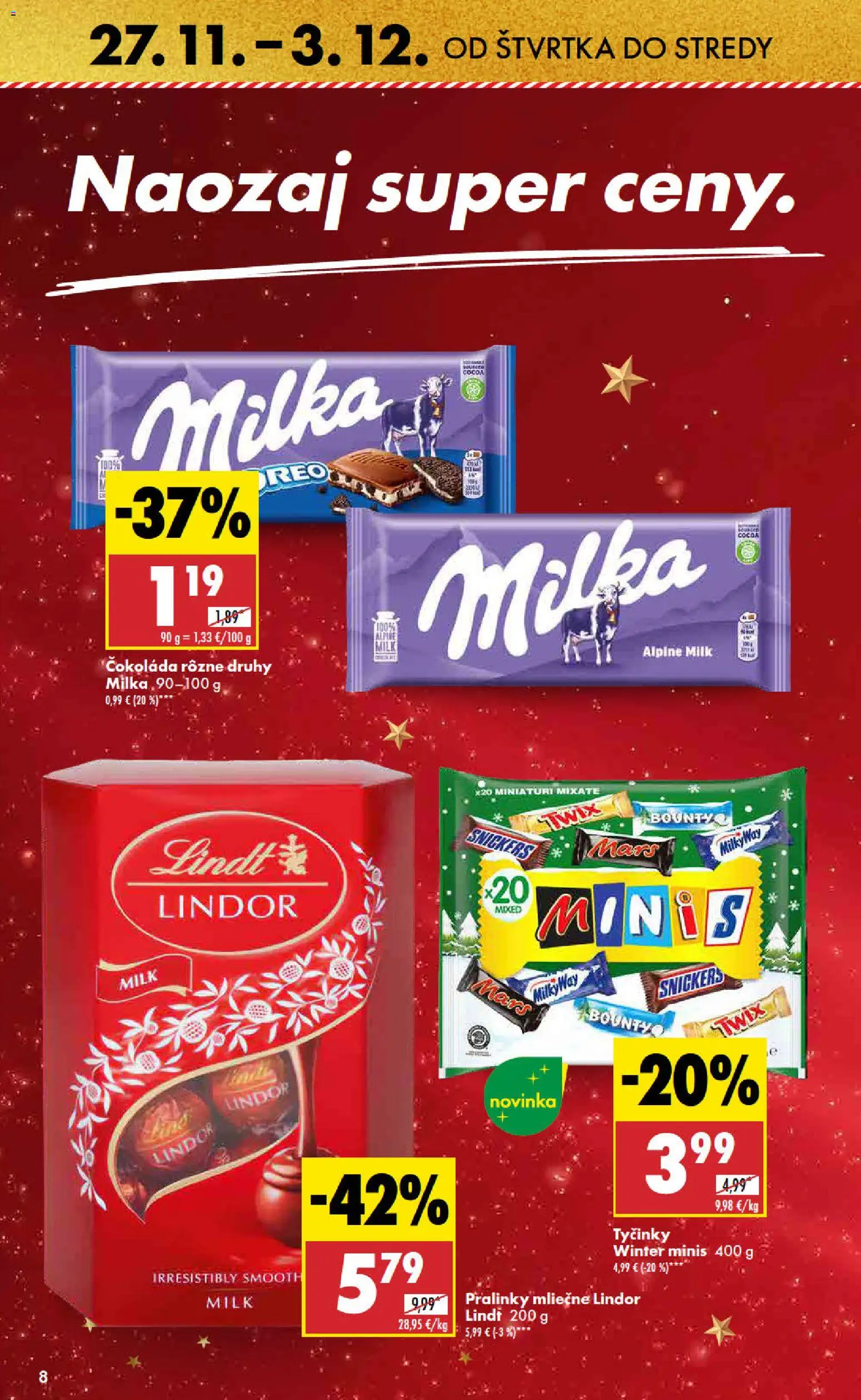 Nové Biedronka akcie – leták je platný od 27.11.2025 | Strana: 8 | Produkty: Lindor, Lindt, Čokoláda, Milka