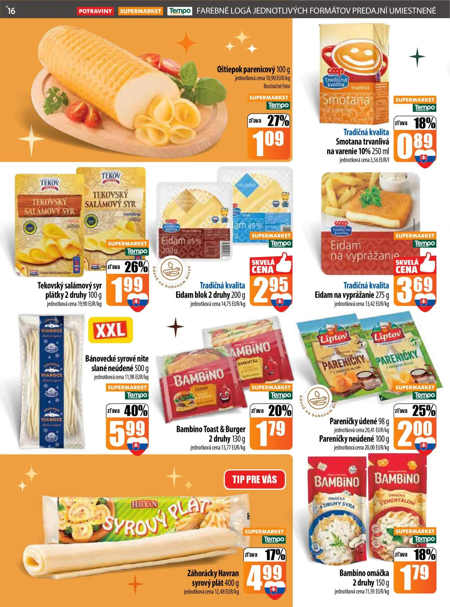 Nové COOP Jednota akcie – leták je platný od 22.12.2025 | Strana: 16 | Produkty: Syr, Smotana, Eidam, Omáčka