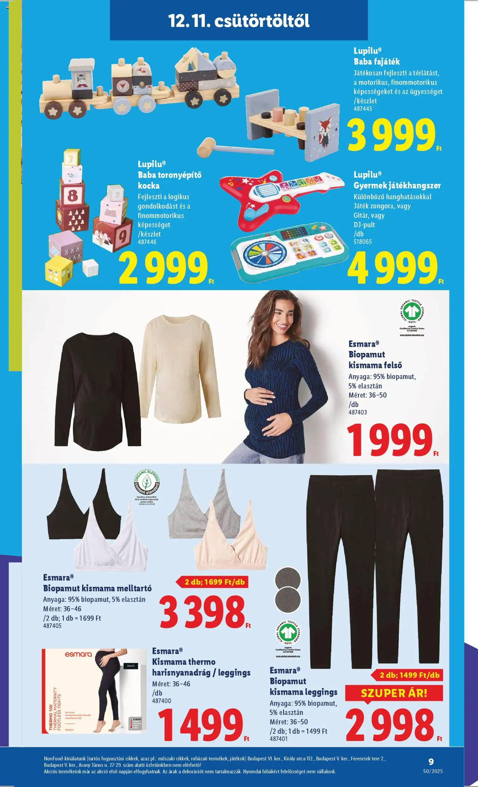 Lidl akciós ujság - amely érvényes a következő dátumtól: 11.12.2025 | Oldal: 9 | Termékek: Kismama leggings, Harisnyanadrág, Játékok, Melltartó