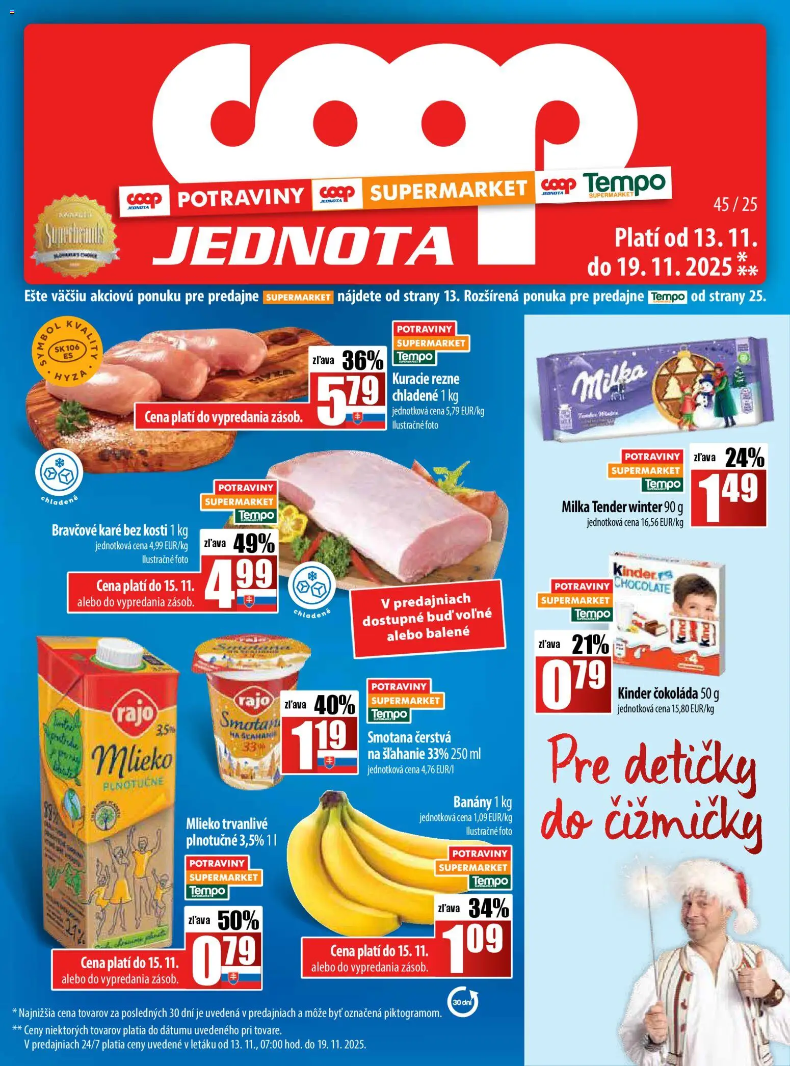 Nové COOP Jednota akcie – leták je platný od 13.11.2025 | Strana: 1 | Produkty: Banány, Smotana, Kinder, Milka