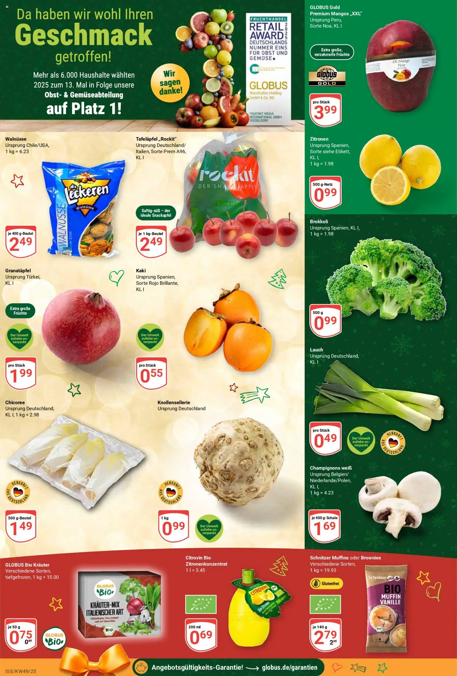 Globus Prospekt 	 – gültig ab 01.12.2025 | Seite: 8 | Produkte: Champignons, Gemüse, Brokkoli, Zitronen
