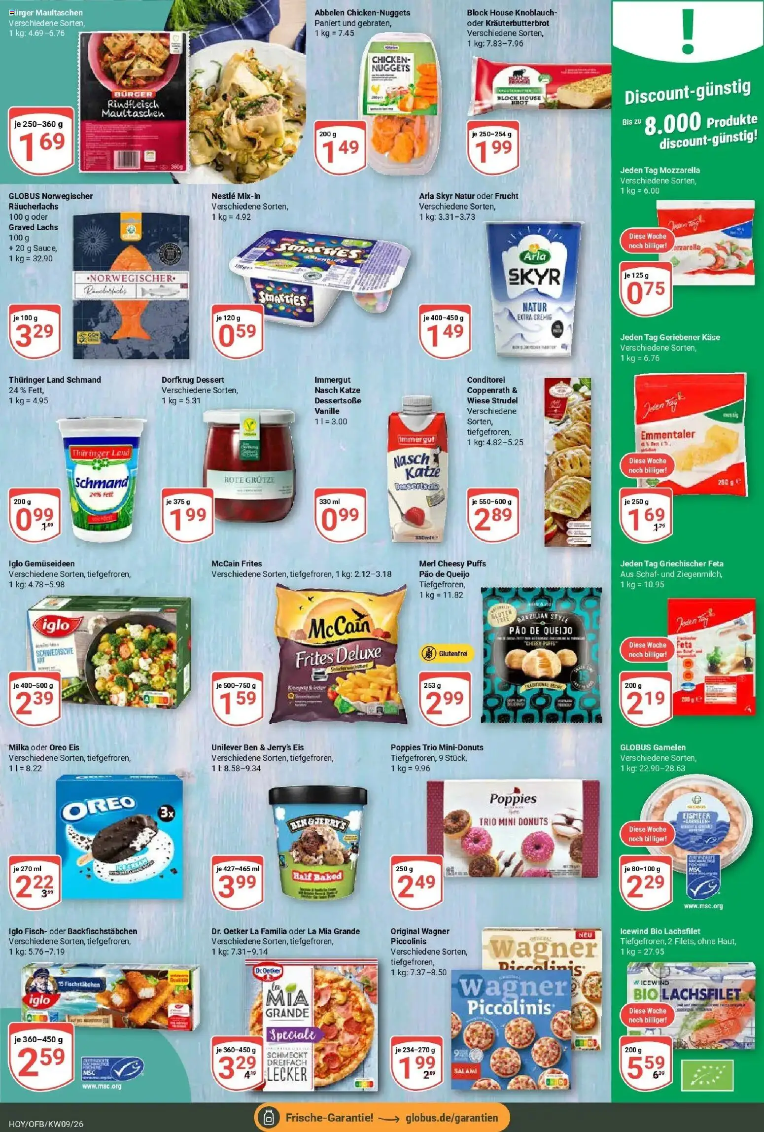 Globus Prospekt Hoyerswerda – gültig ab 23.02.2026 | Seite: 8 | Produkte: Mozzarella, Lachs, Fischstabchen, Piccolinis