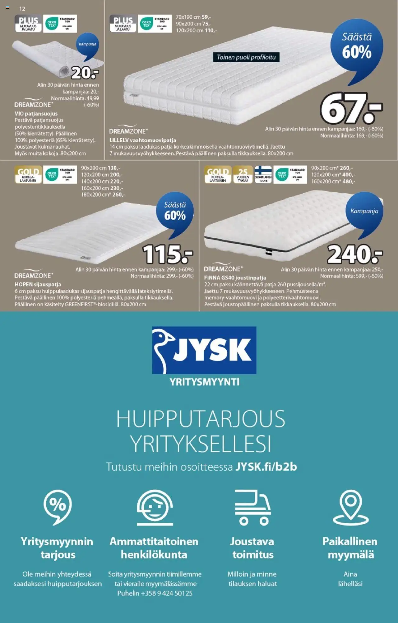 JYSK - Tarjoukset – voimassa 25.09.2025 alkaen | Sivu: 12 | Tuotteet: Vaahtomuovipatja, Patja
