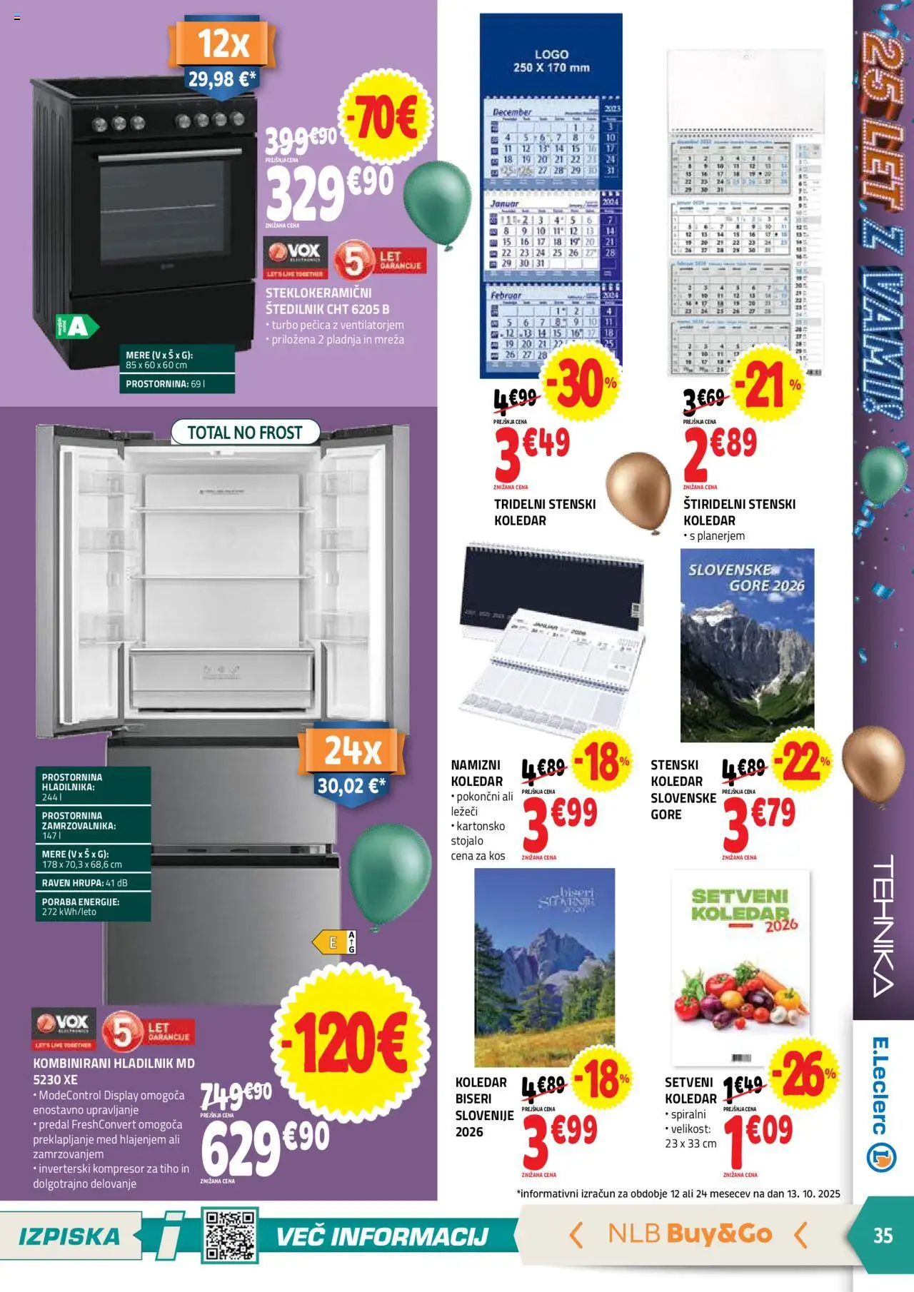 Novi E.leclerc katalog ponudbe – veljaven od 22.10.2025 | Stran: 35 | Izdelki: Hladilnik, Pecica, Kos, Štedilnik