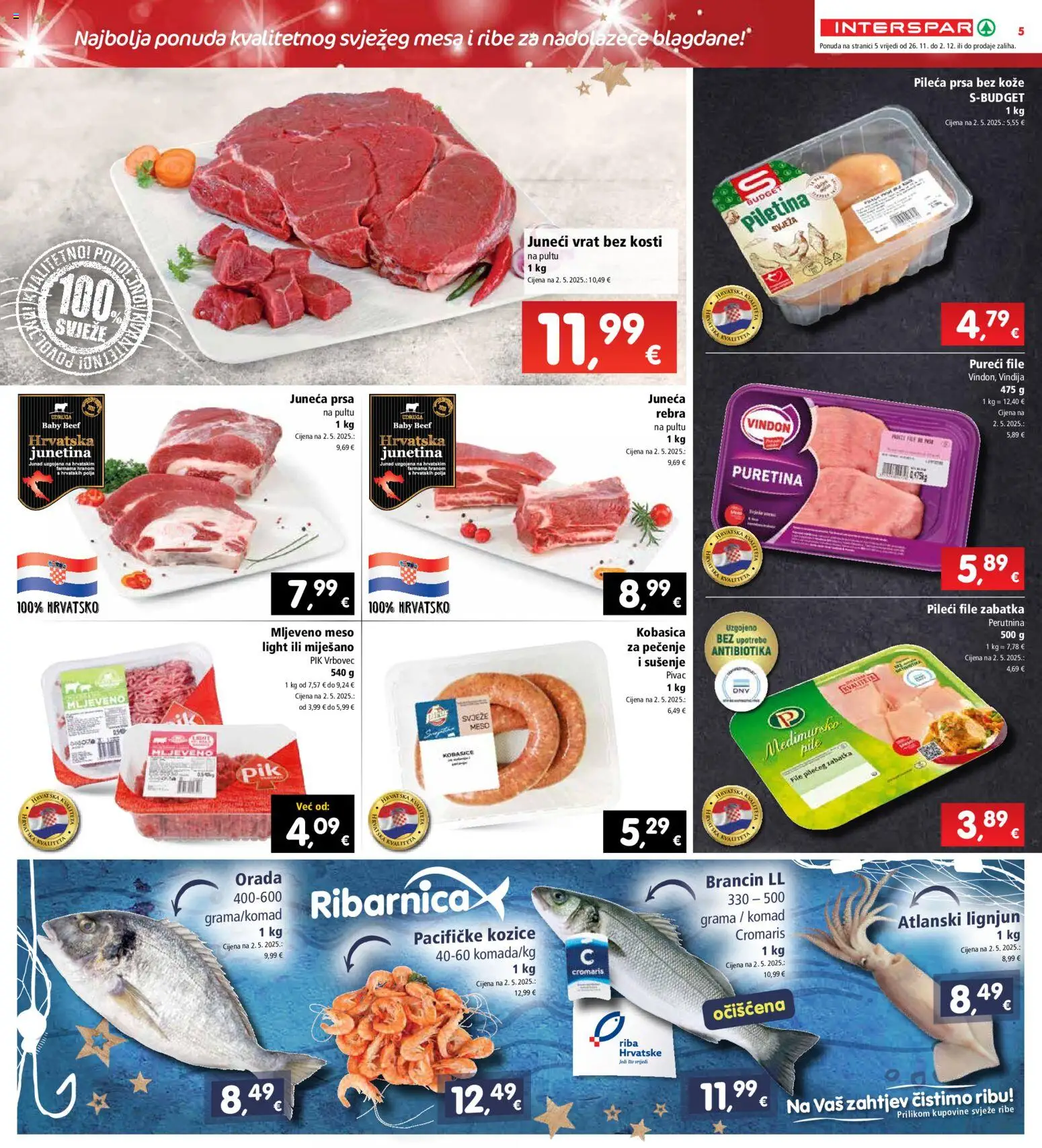 Interspar katalog | vrijedi od 26.11.2025 | Stranica: 5 | Proizvodi: Vindija, Meso, Riba, Pik Vrbovec