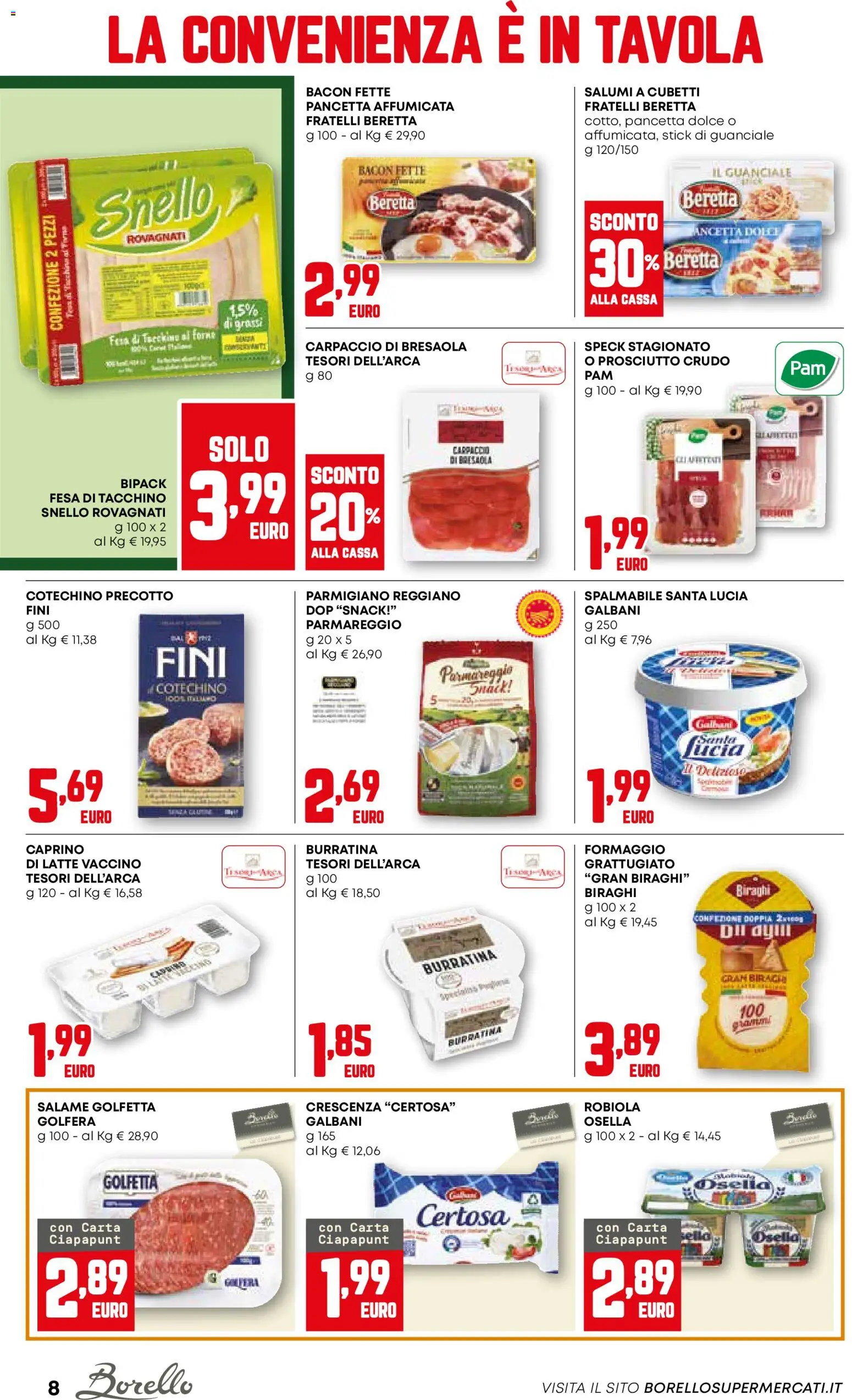 Volantino Borello Supermercati del 06.11.2025 | Pagina: 8 | Prodotti: Prosciutto Crudo, Pancetta, Formaggio, Robiola