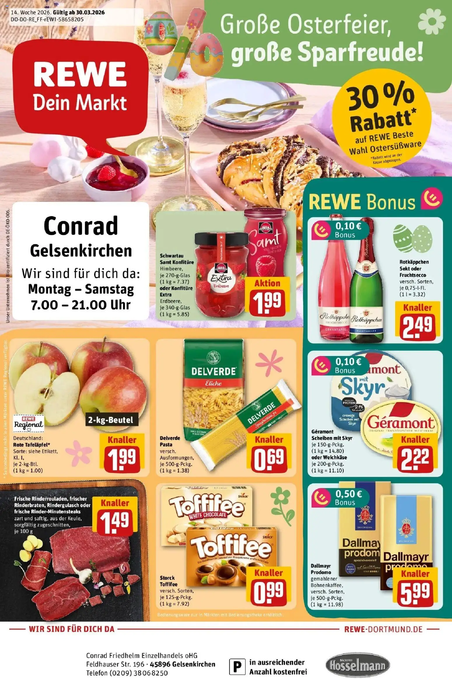 Rewe Prospekt Gelsenkirchen / Scholven	 – gültig ab 30.03.2026 | Seite: 1 | Produkte: Skyr, Fruchtsecco, Rotkäppchen, Pasta