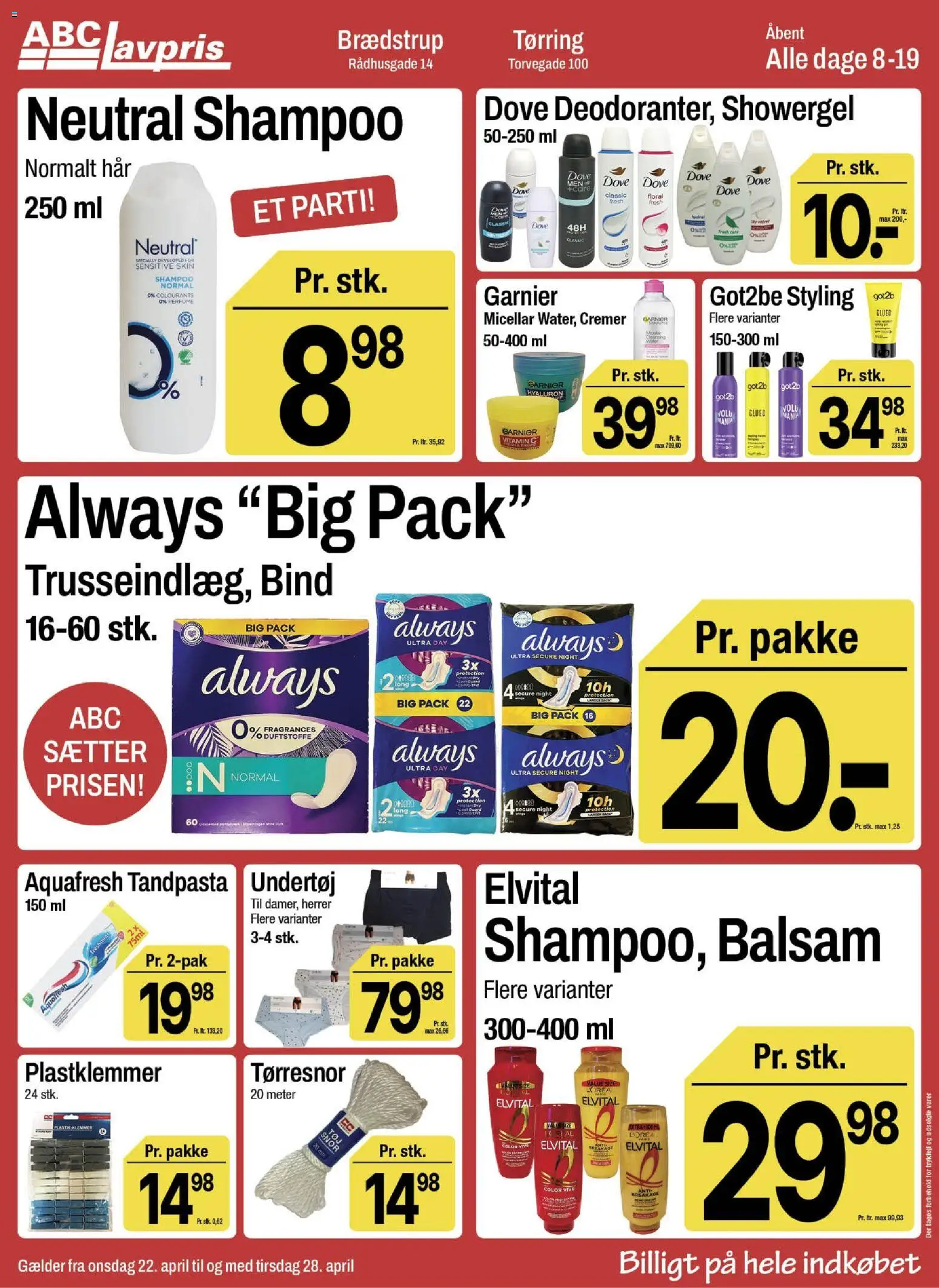 Abc Lavpris tilbudsavis – gyldig fra 22.04.2026 | Side: 11 | Produkter: Shampoo, Balsam, Tandpasta, Undertøj
