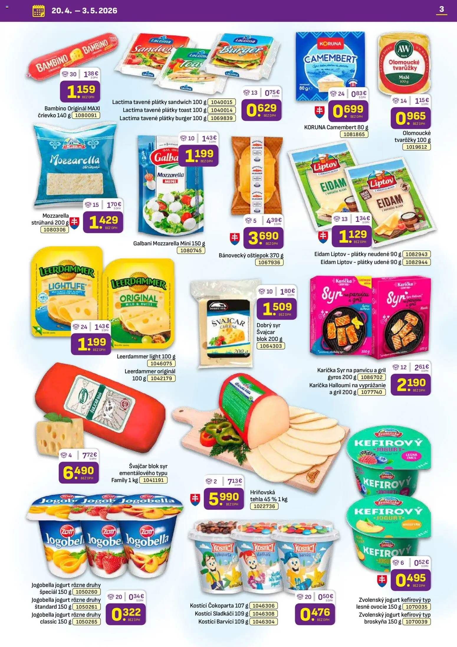 Nové Libex akcie – leták je platný od 20.04.2026 | Strana: 3 | Produkty: Gril, Syr, Eidam, Mozzarella