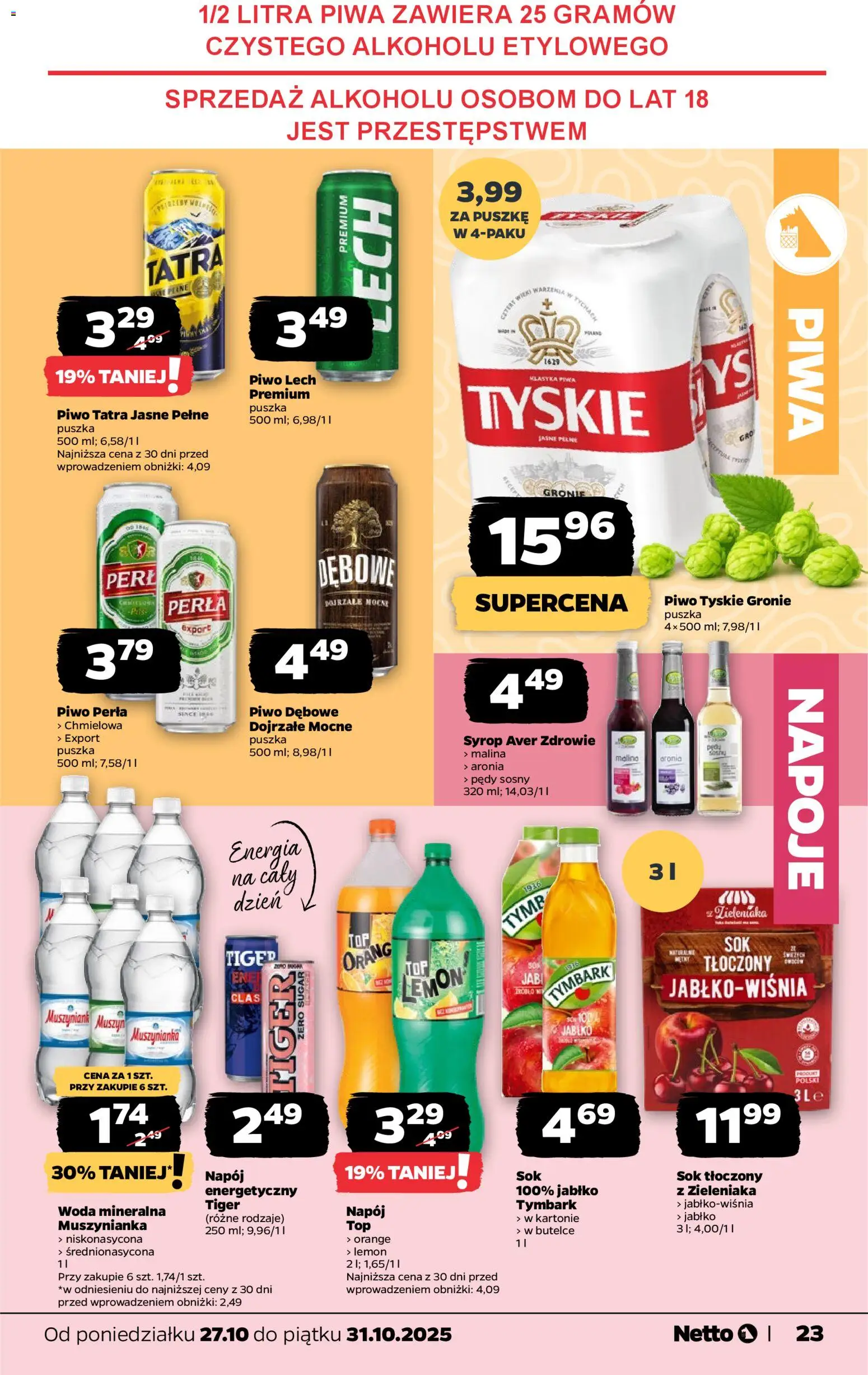 Netto gazetka - Spożywcza od 27.10.2025 | Strona: 23 | Produkty: Malina, Napoje, Piwo perła, Piwo