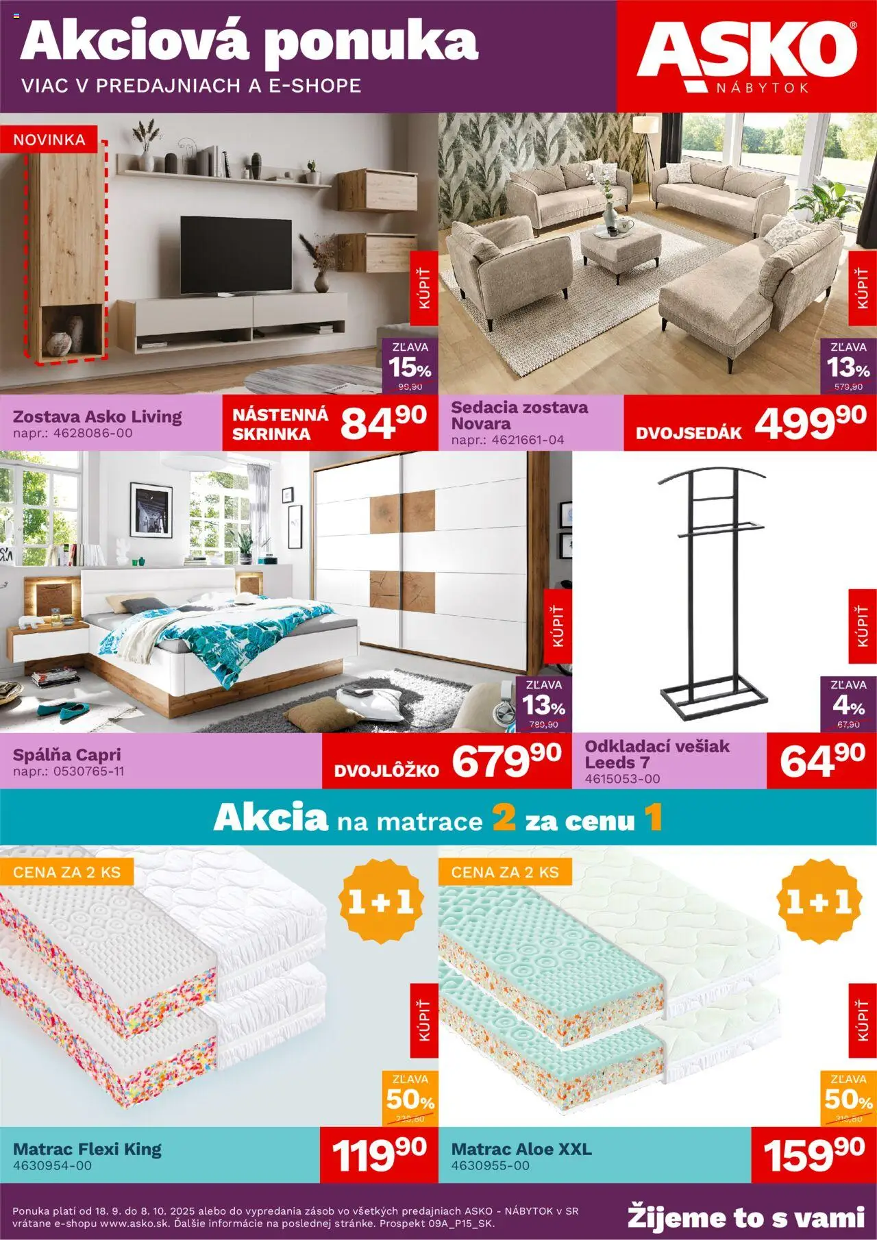 Nové ASKO nábytok akcie – leták je platný od 18.09.2025 | Strana: 1 | Produkty: Matrace, Nábytok, Matrac, Vešiak