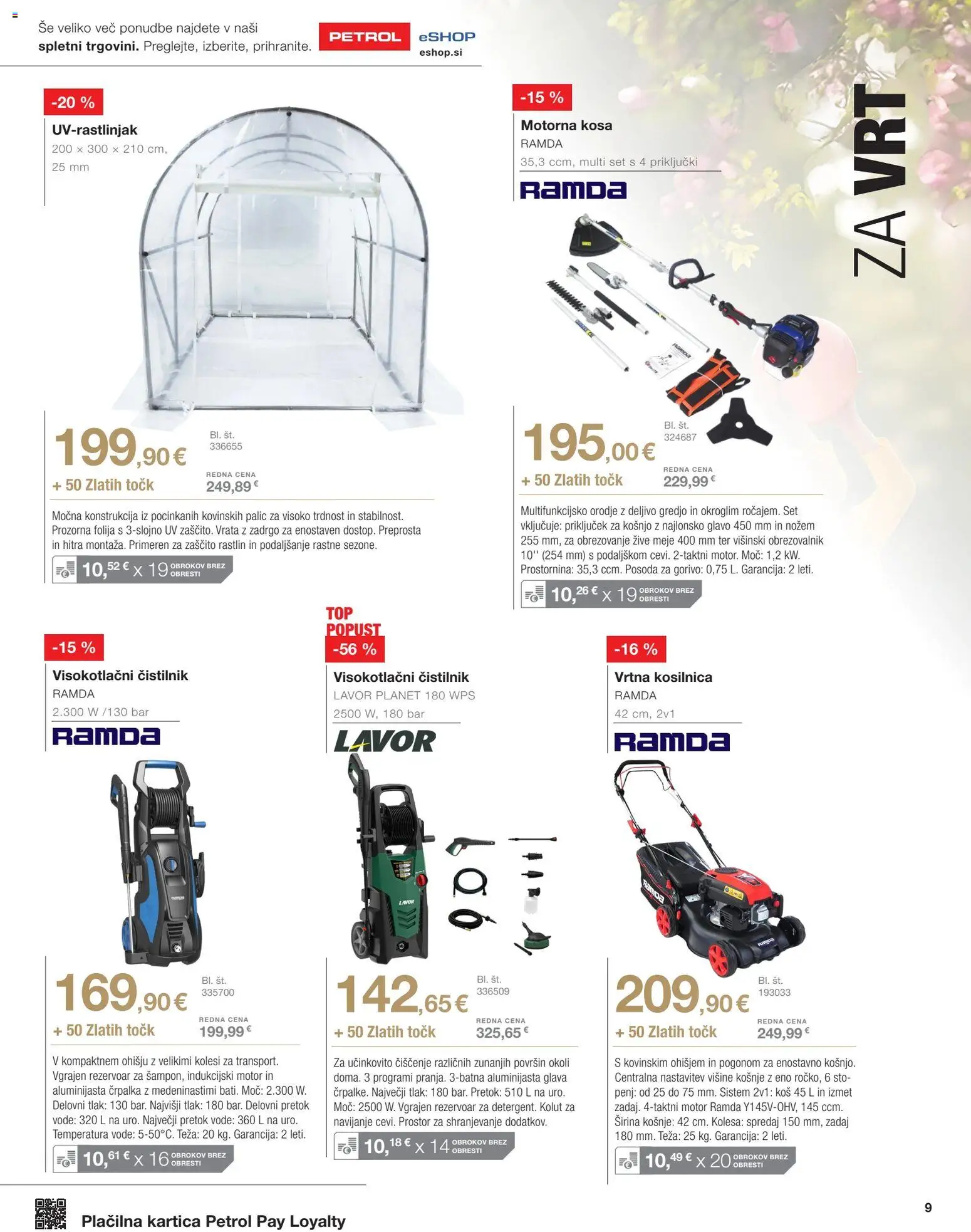 Novi Petrol katalog ponudbe – veljaven od 01.04.2026 | Stran: 9 | Izdelki: Kosilnica, Orodje, Vrata, Visokotlačni čistilnik