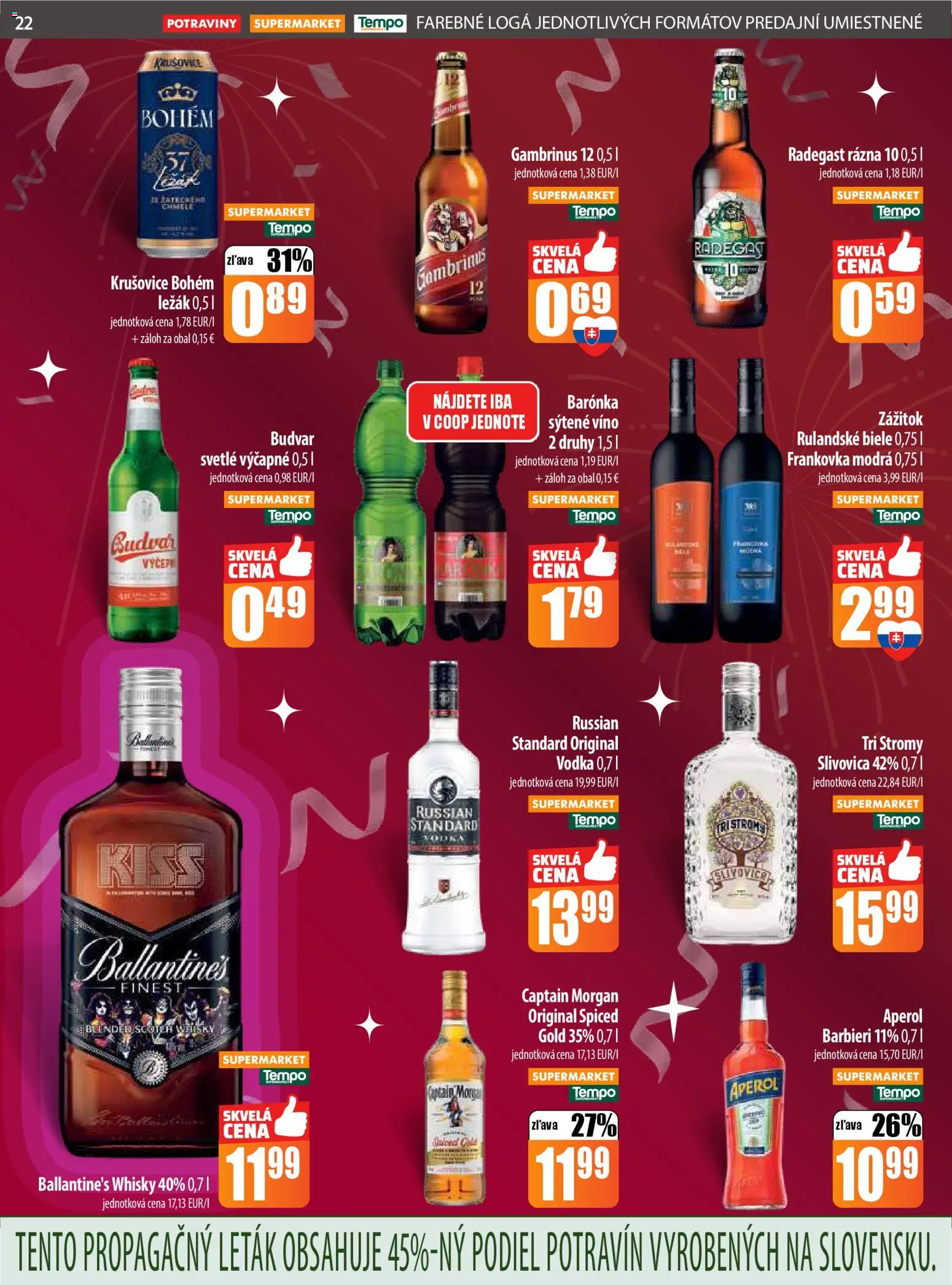 Nové COOP Jednota akcie – leták je platný od 22.12.2025 | Strana: 22 | Produkty: Víno, Captain Morgan, Whisky, Aperol