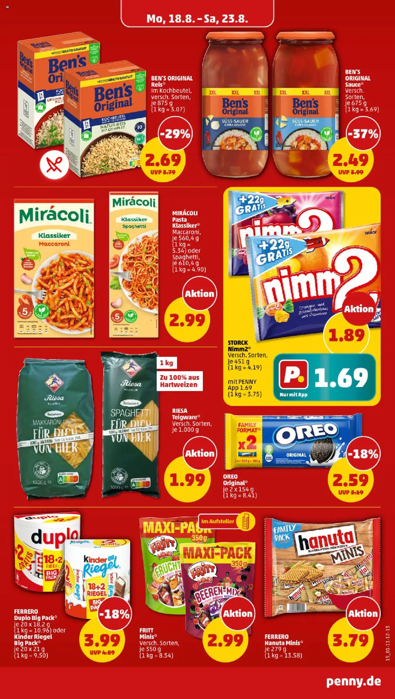 Penny Prospekt 	 - gültig ab dem 18.08.2025 | Seite: 15 | Produkte: Ananas, Kinder riegel, Gemüse, Pasta