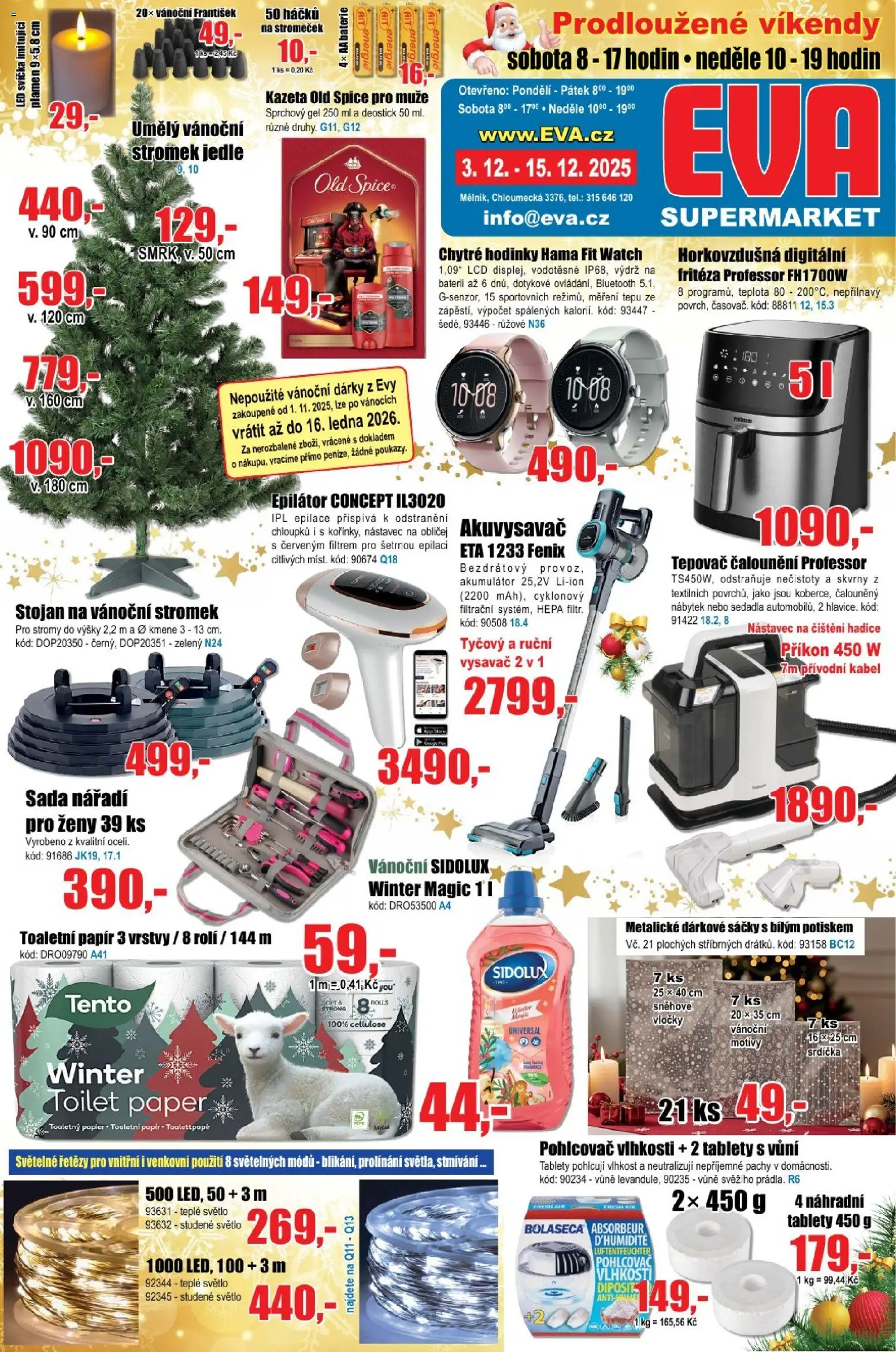 Eva supermarket leták od 03.12.2025 | Strana: 1 | Produkty: Vločky, Toaletní papír, Pohlcovač vlhkosti, Nábytek