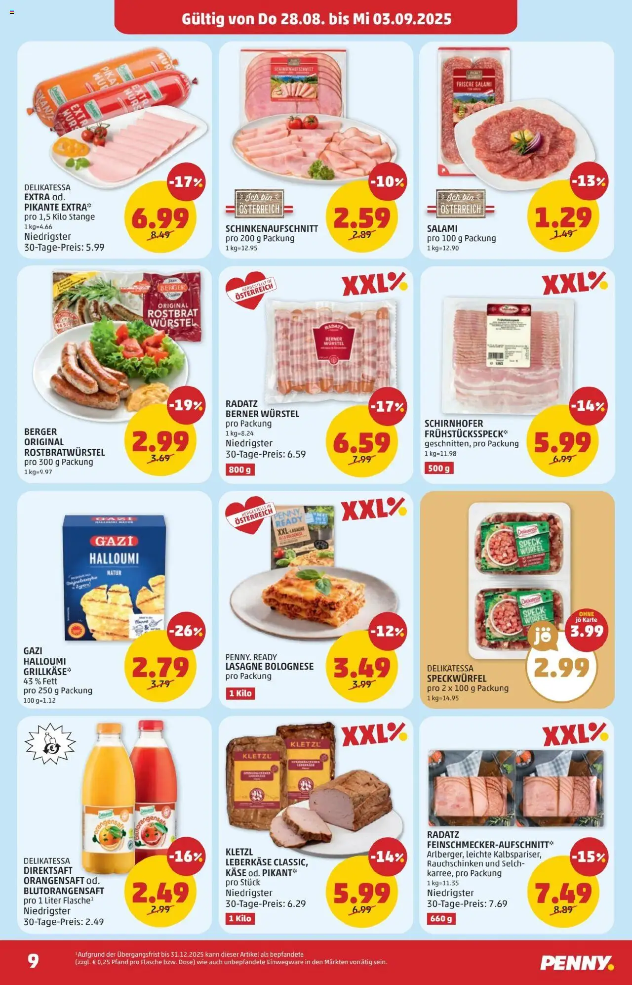 Penny Markt Flugblatt gültig ab 28.08.2025 | Seite: 9 | Produkte: Käse, Salami