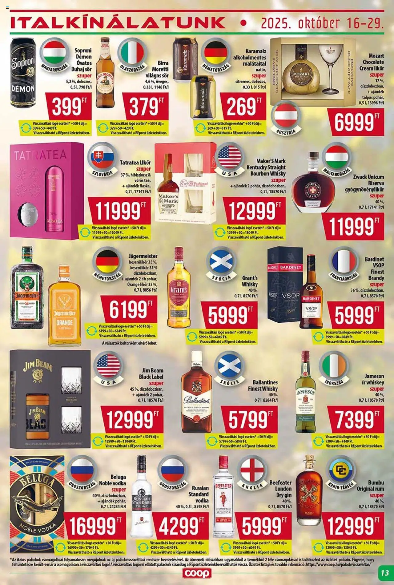 COOP akciós ujság - amely érvényes a következő dátumtól: 16.10.2025 | Oldal: 13 | Termékek: Jameson, Bourbon, Sör, Likőr