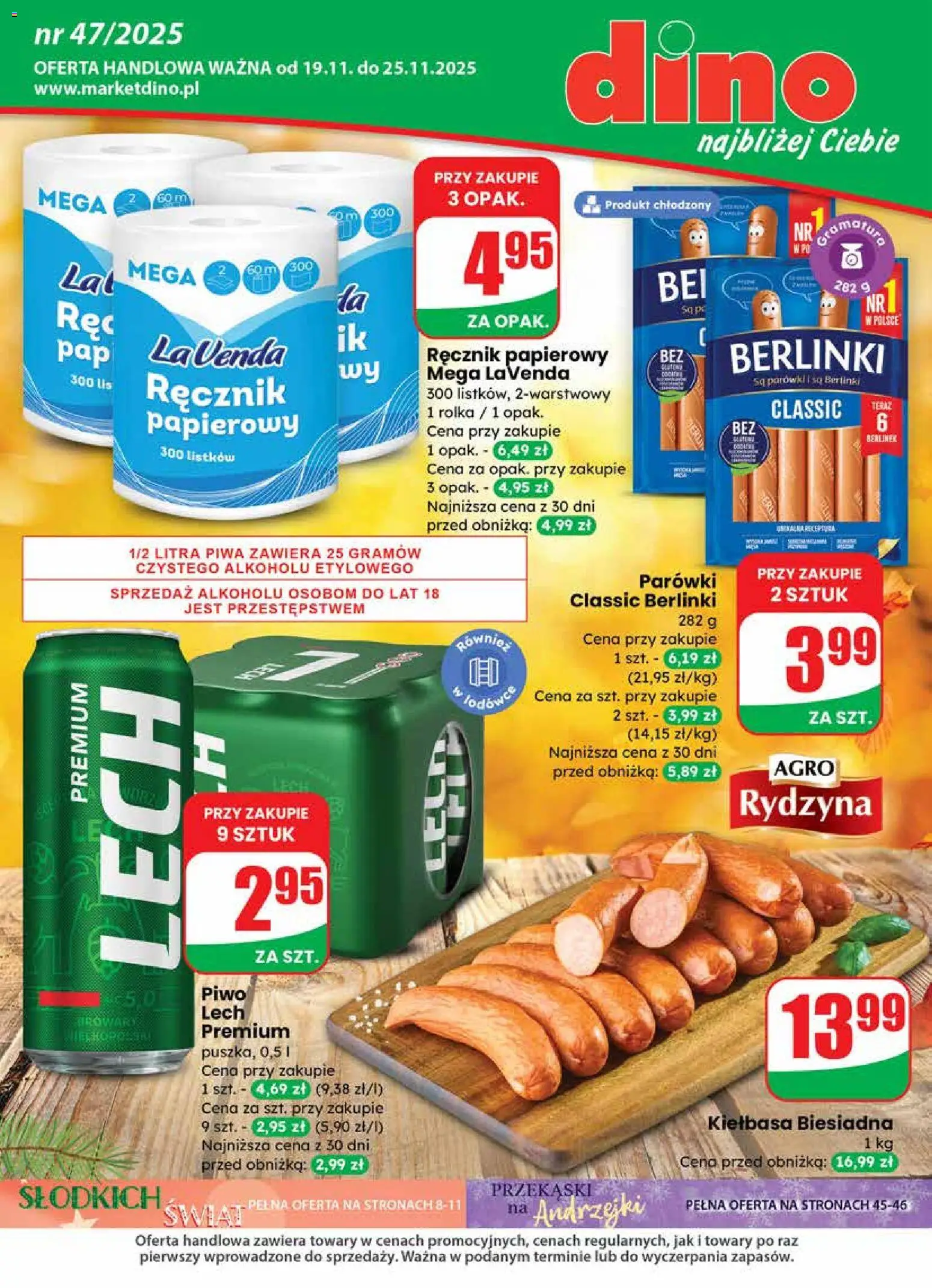 Dino Gazetka od 19.11.2025 | Strona: 1 | Produkty: Kiełbasa, Parówki, Piwo, Ręcznik papierowy