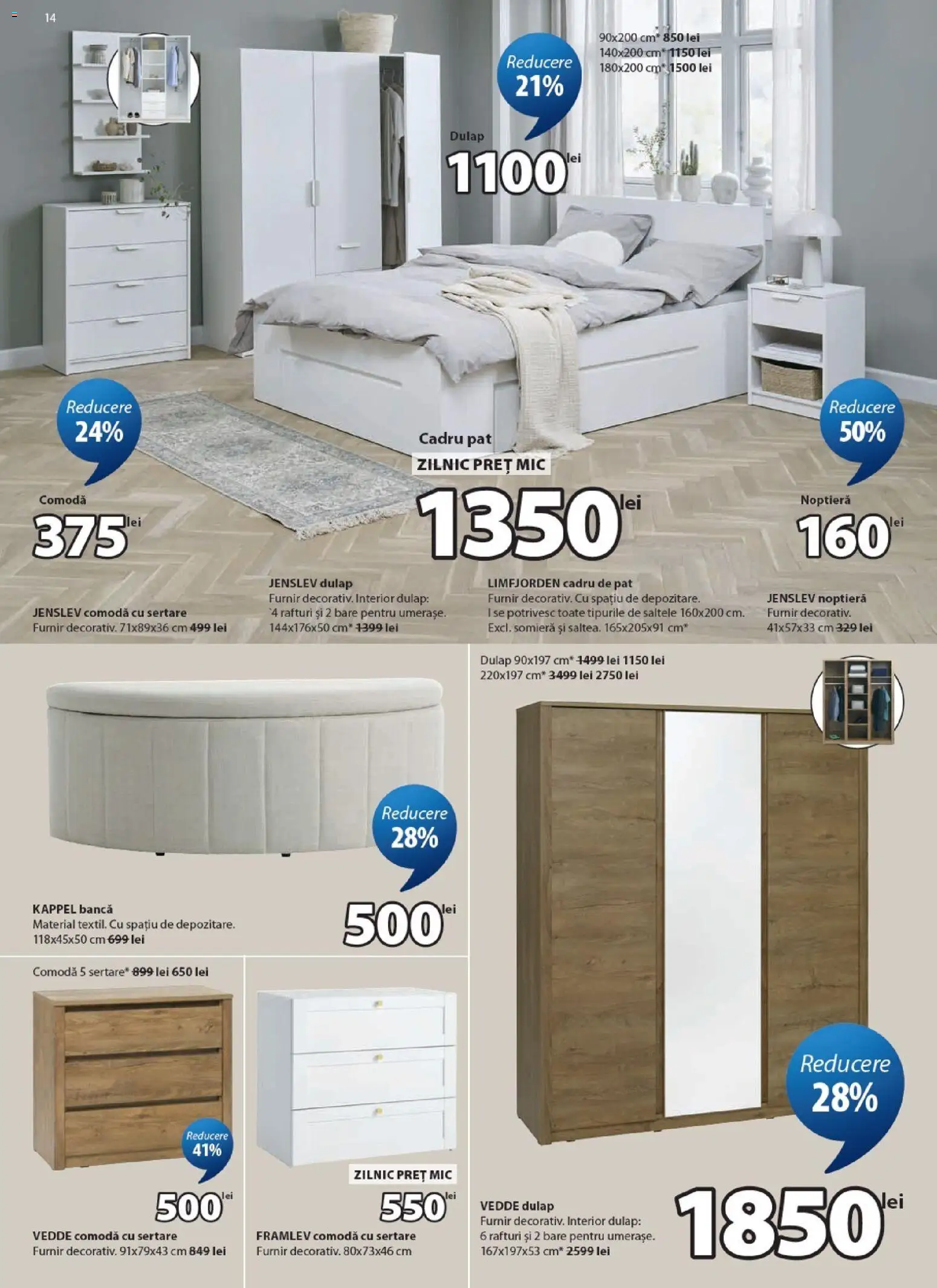 Noul catalog JYSK – valabil de la 24.04.2026 | Pagină: 14 | Produse: Pat, Noptieră, Comodă, Bancă