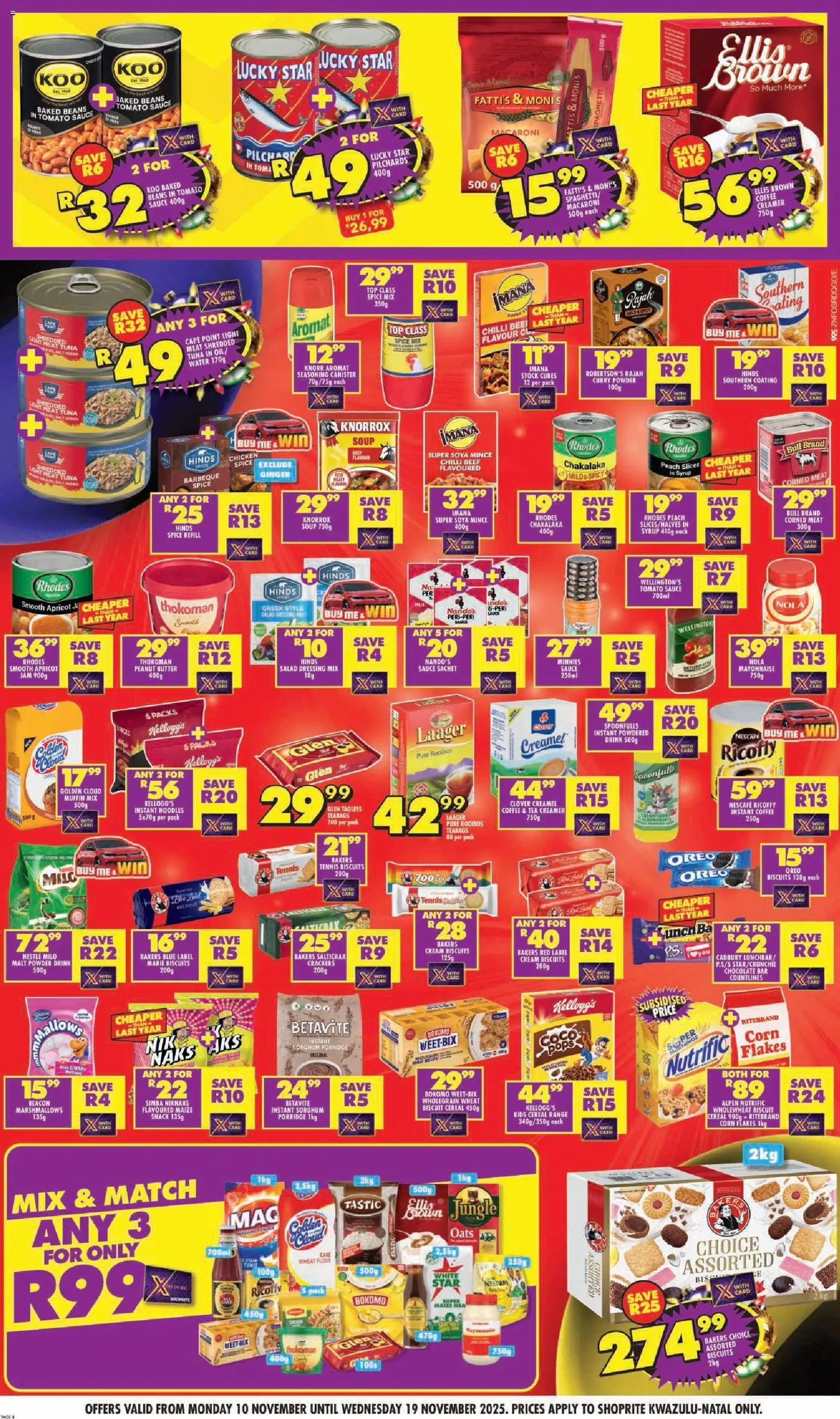 New Shoprite catalogue – valid from 10.11.2025 | Page: 4 | Products: Beans, Oats, Chocolate, Estuche organizador de viaje