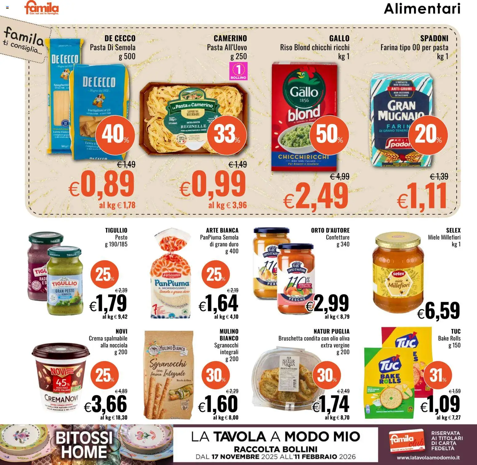 Volantino Famila del 28.12.2025 | Pagina: 16 | Prodotti: Farina, Pasta, Nocciole, Pesto