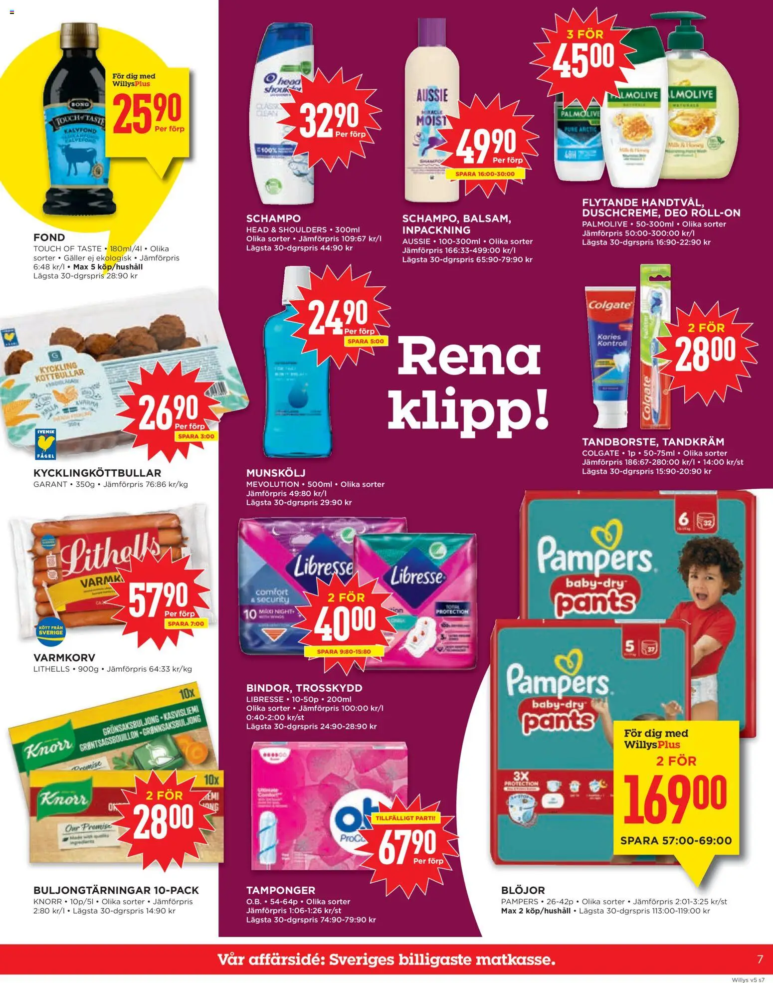 Willys reklamblad aktuell från 26.01.2026 | Sida: 7 | Produkter: Varmkorv, Köttbullar, Tandkräm, Fond