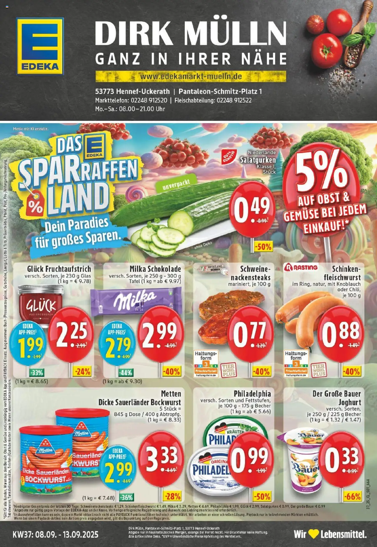 Edeka prospekt Hennef - Uckerath	 – gültig ab 07.09.2025 | Seite: 1 | Produkte: Nackensteaks, Philadelphia, Knoblauch, Gurken