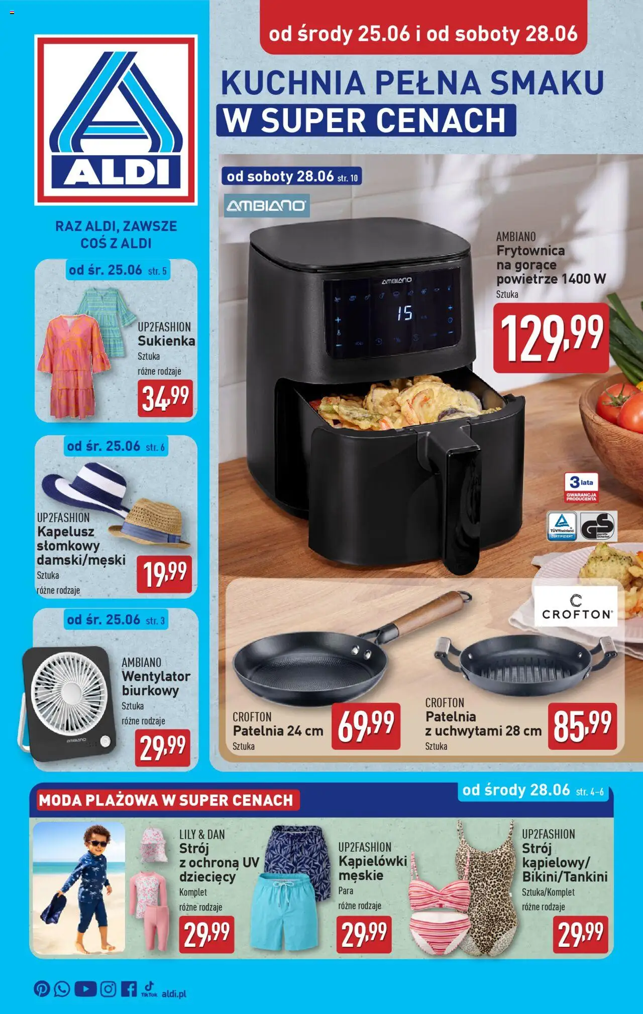 Aldi Gazetka - Hity od Środy i od Soboty od 25.06.2025 | Strona: 1 | Produkty: Kapelusz, Sukienka, Wentylator, Patelnia