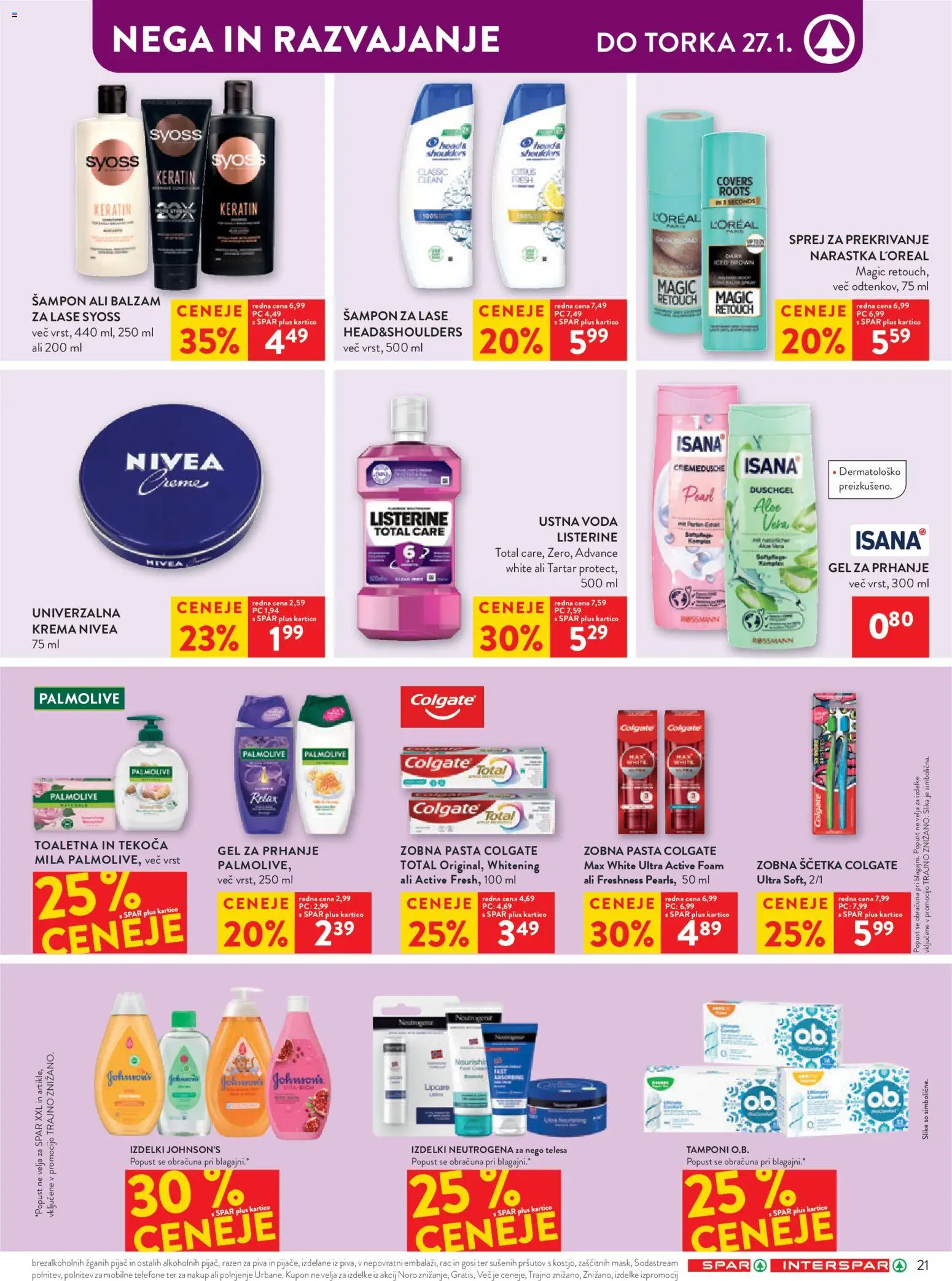 Novi Spar katalog ponudbe – veljaven od 21.01.2026 | Stran: 27 | Izdelki: Tamponi, Sampon, Krema, Voda