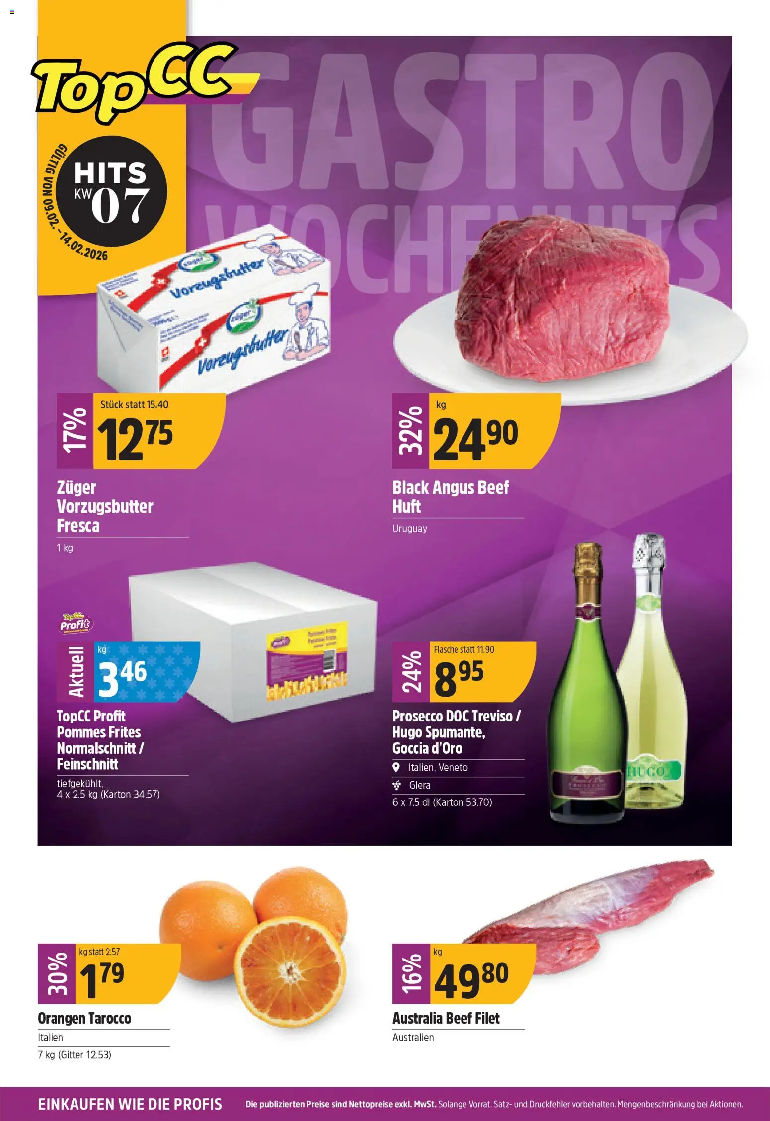 TopCC Aktionen – gültig ab 09.02.2026 | Seite: 1 | Produkte: Gitter, Pommes Frites, Orangen