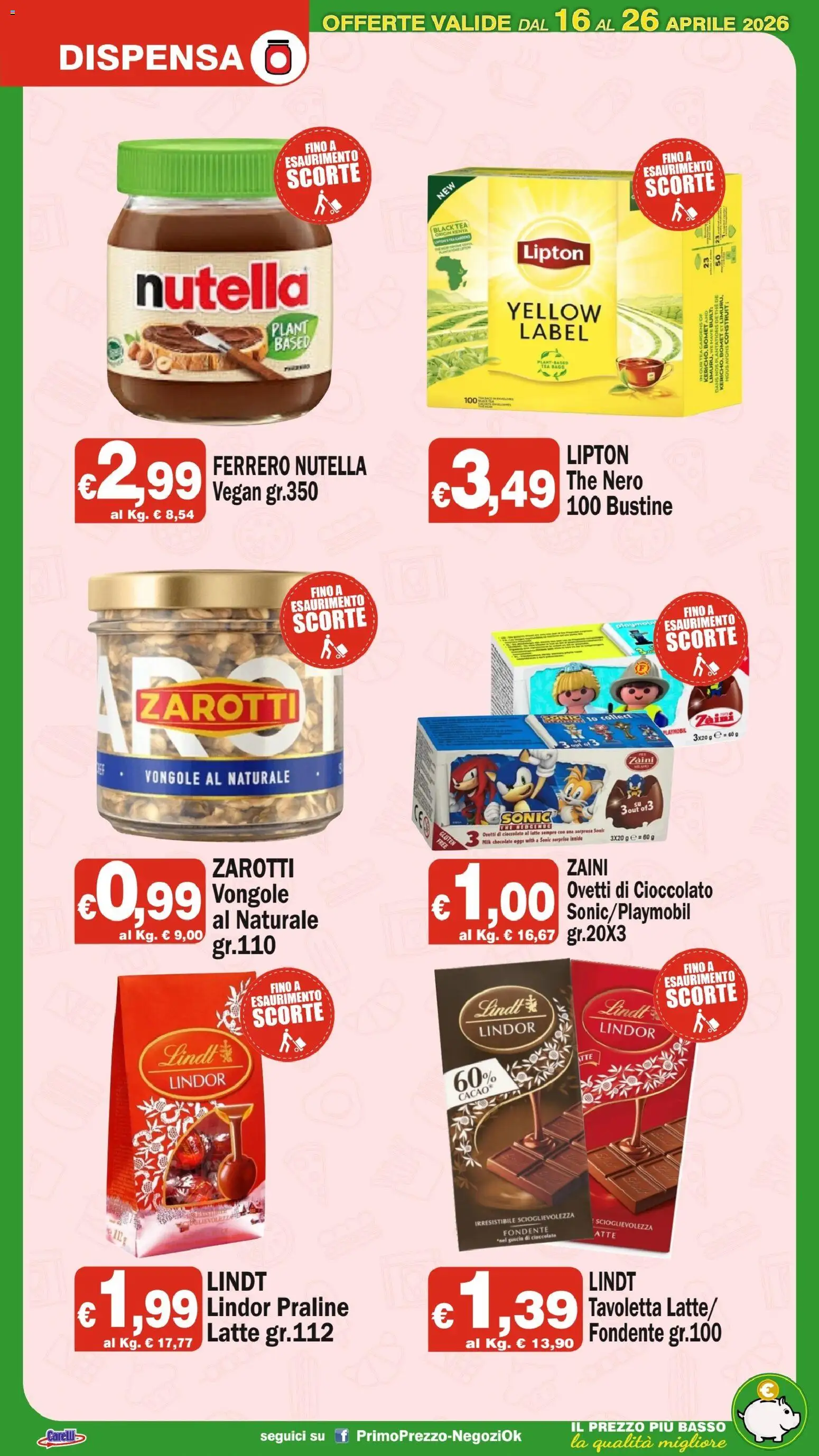 Volantino Primo Prezzo del 16.04.2026 | Pagina: 17 | Prodotti: Vongole, Latte, Nutella, The