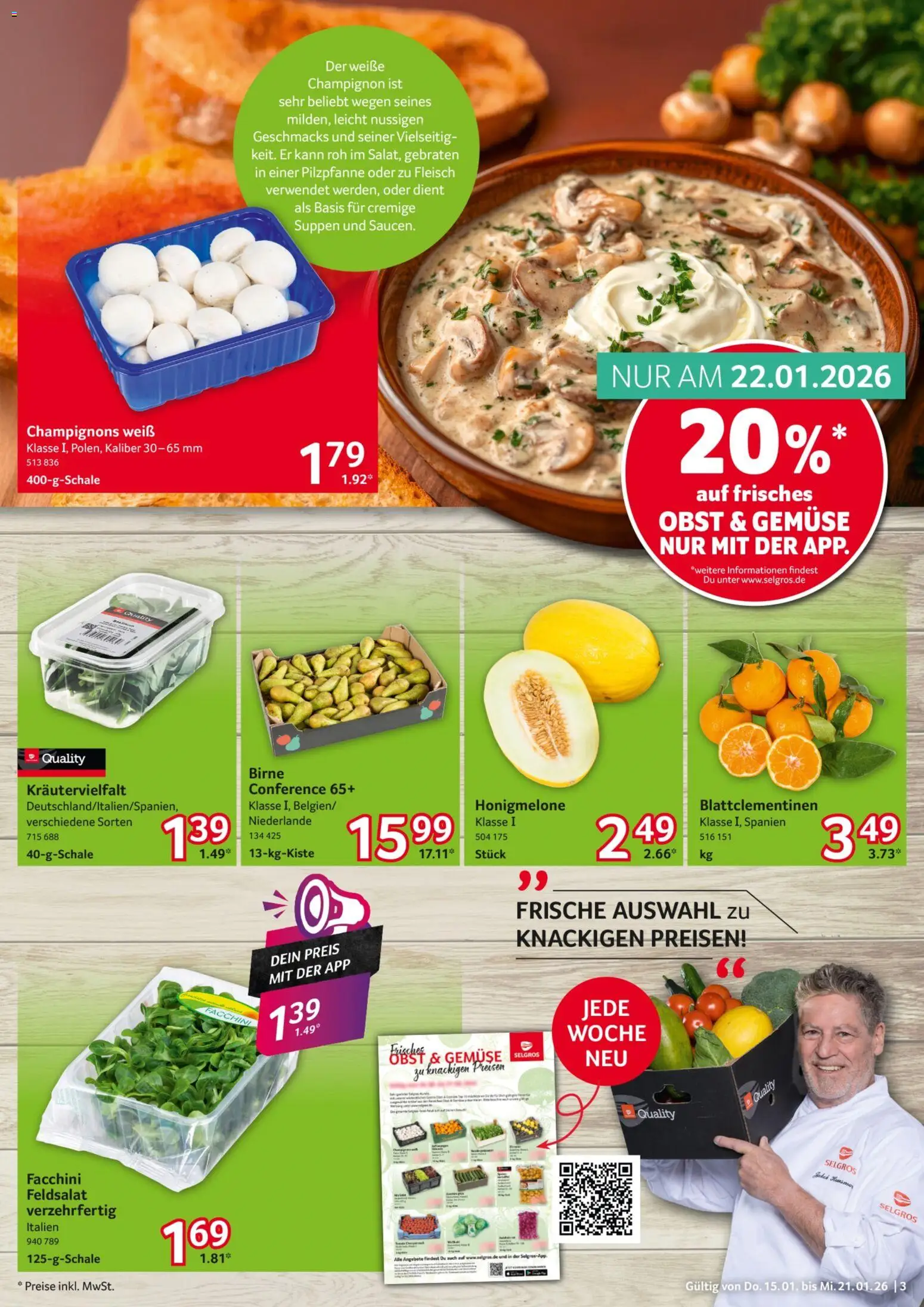 Selgros Prospekt 	 – gültig ab 15.01.2026 | Seite: 3 | Produkte: Champignons, Obst, Birne, Fleisch