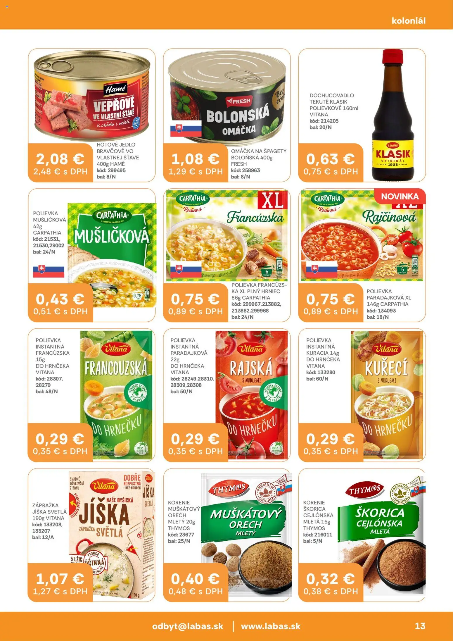 Nové Labaš akcie – leták je platný od 10.04.2026 | Strana: 13 | Produkty: Korenie, Omáčka, Špagety, Svetlá