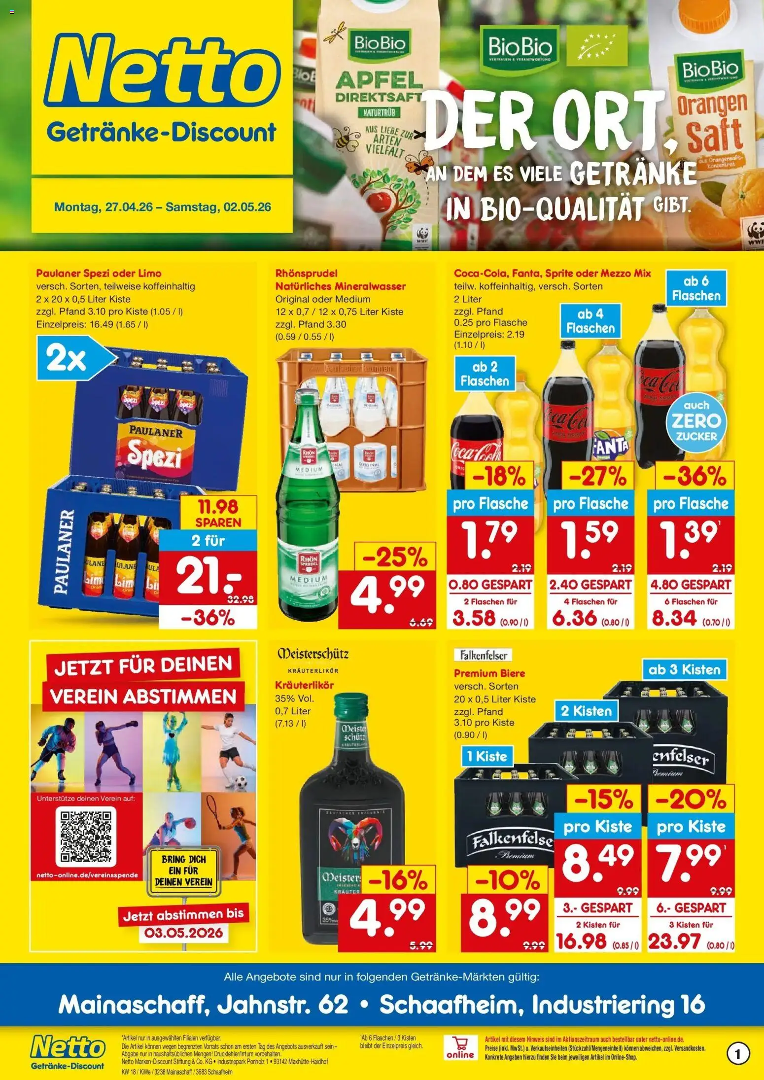 Netto Marken-Discount Prospekt Mainaschaff	 – gültig ab 27.04.2026 | Seite: 1 | Produkte: Fanta, Sprite, Paulaner spezi, Äpfel