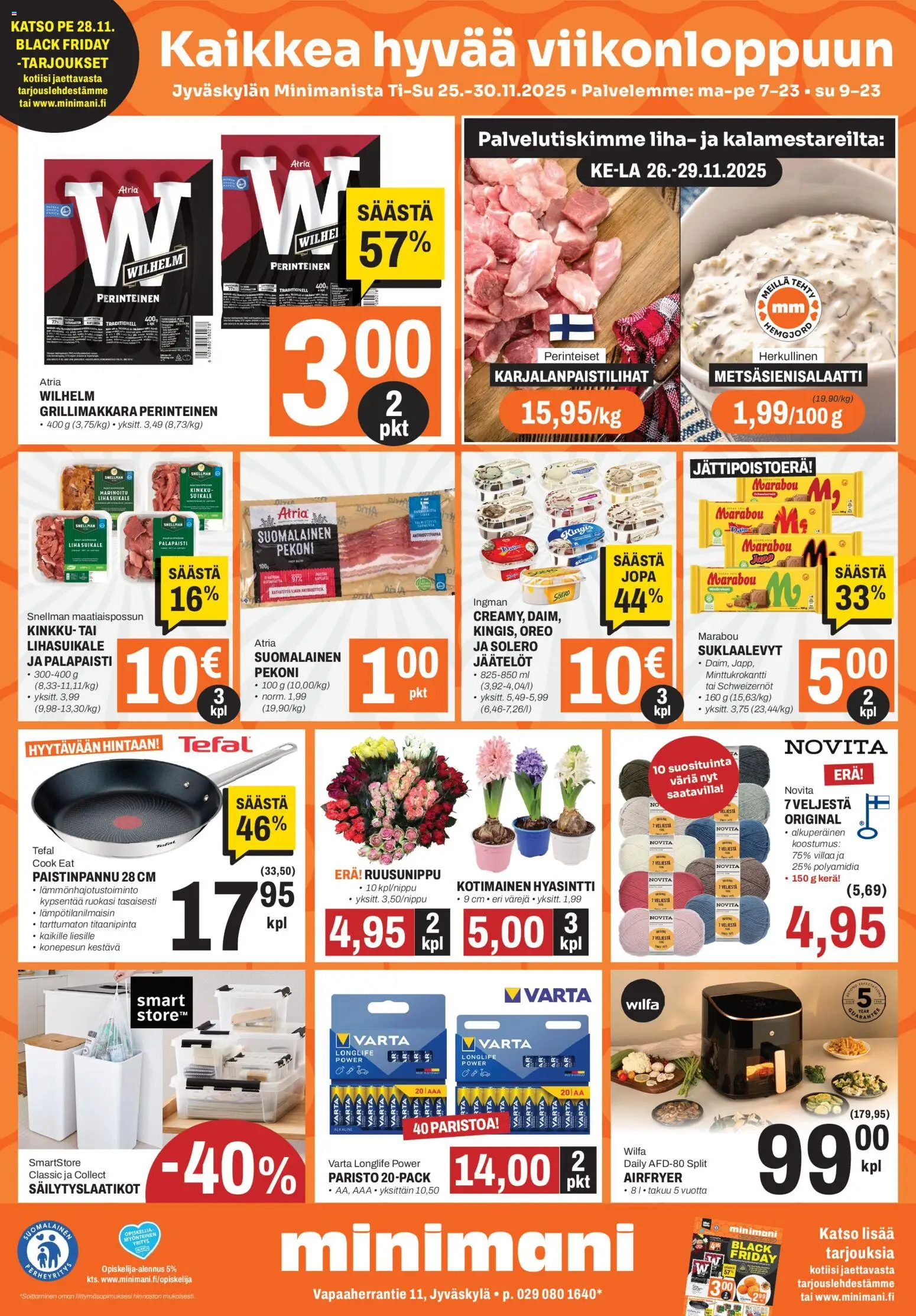 Minimani Tarjoukset - Jyväskylä – voimassa 25.11.2025 alkaen | Sivu: 1 | Tuotteet: Säilytyslaatikot, Oreo, Paistinpannu, Kinkku