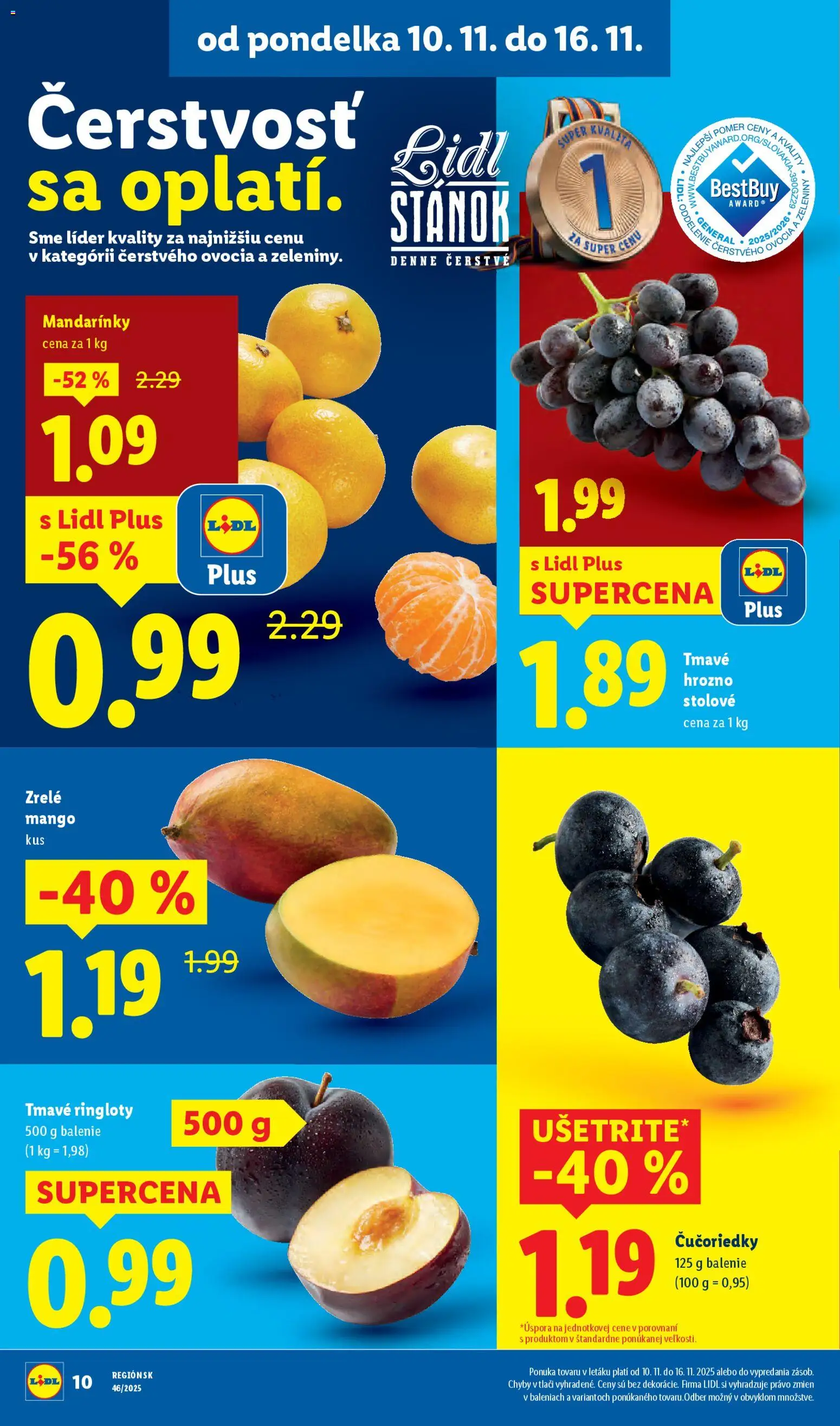 Nové Lidl akcie – leták je platný od 10.11.2025 | Strana: 14 | Produkty: Čučoriedky, Mandarinky, Mango, Hrozno
