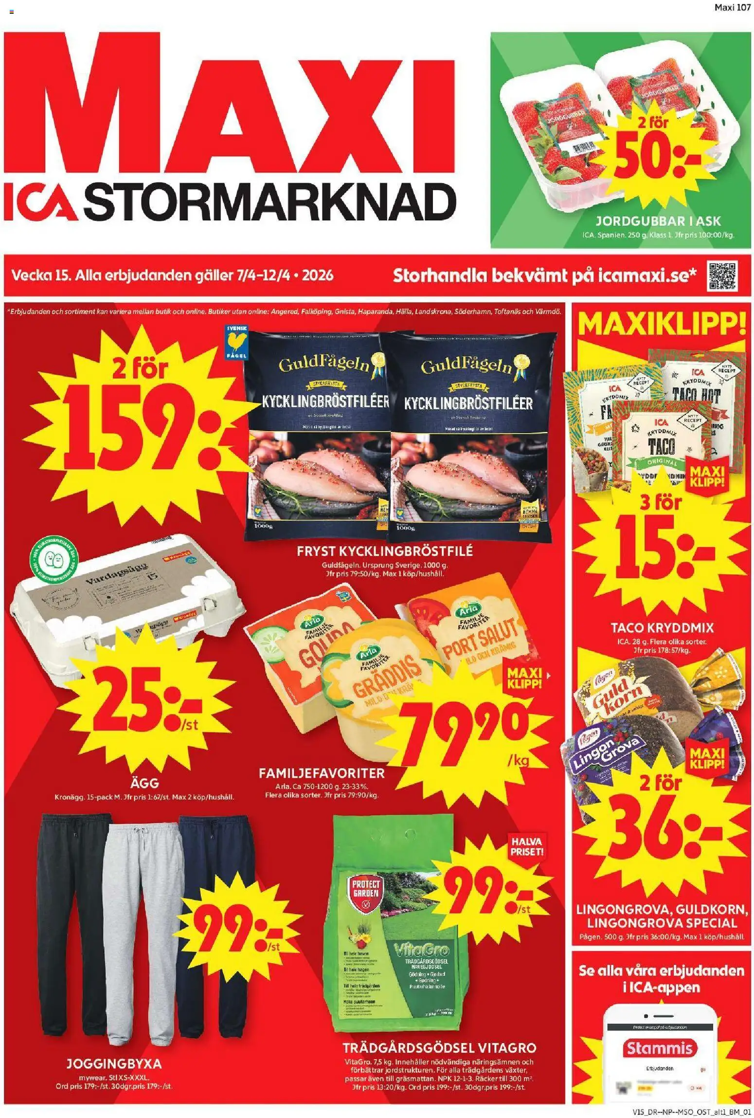 ICA Maxi reklamblad aktuell från 06.04.2026 | Sida: 1 | Produkter: Galler, Ost, Ägg, Jordgubbar