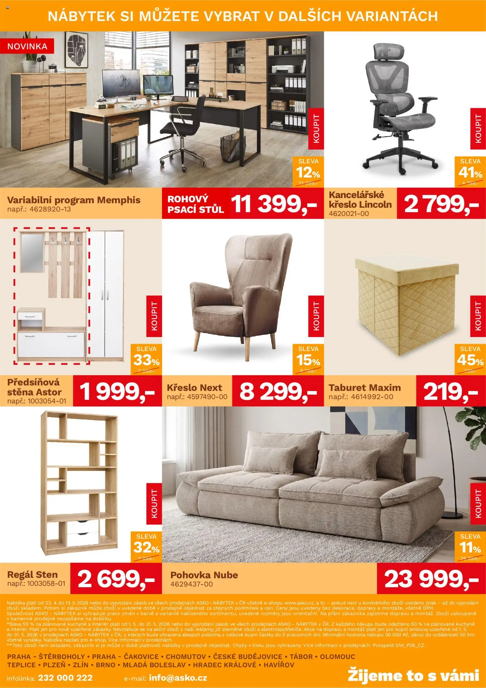 ASKO nábytek leták od 23.04.2026 | Strana: 4 | Produkty: Taburet, Pohovka, Regál, Psací stůl